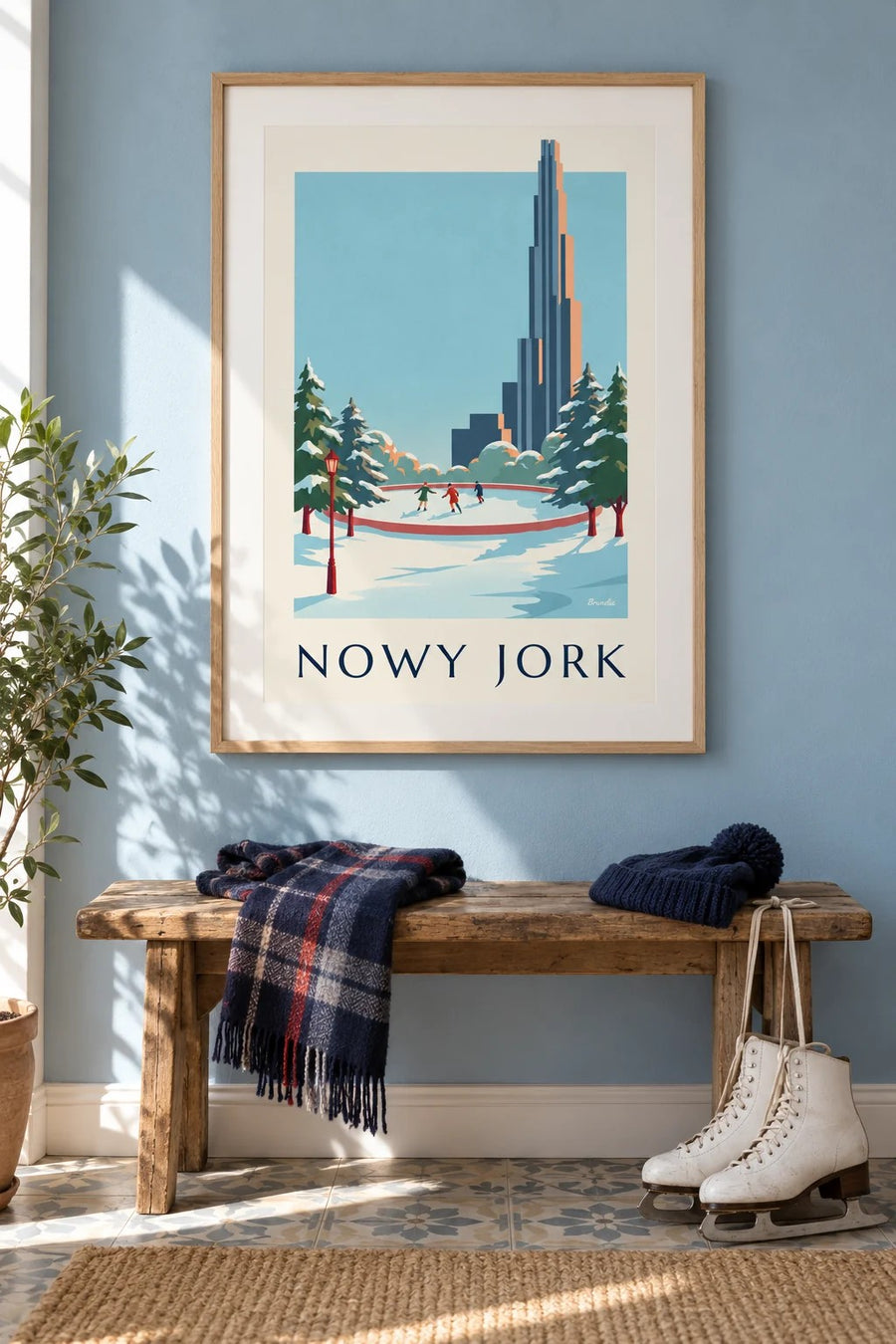 Plakat Central Park i lodowisko zimą w Nowym Jorku: w ramce na ścianie