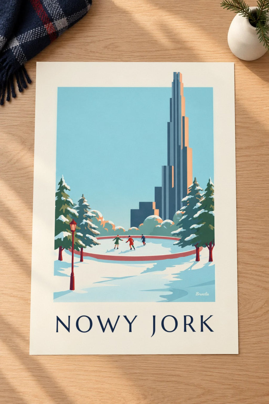 Plakat Central Park i lodowisko zimą w Nowym Jorku: położony na stole
