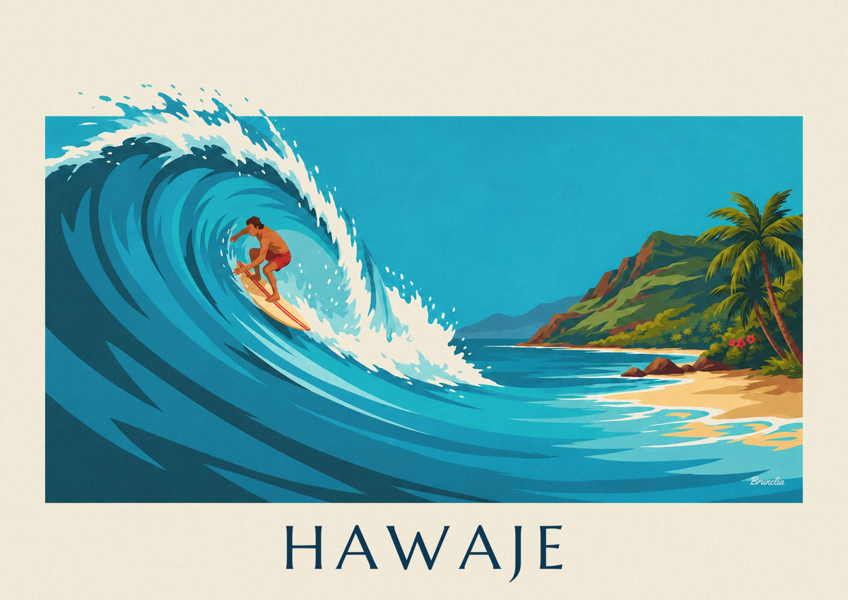 Plakat Hawaje z surferem i turkusową tropikalną falą