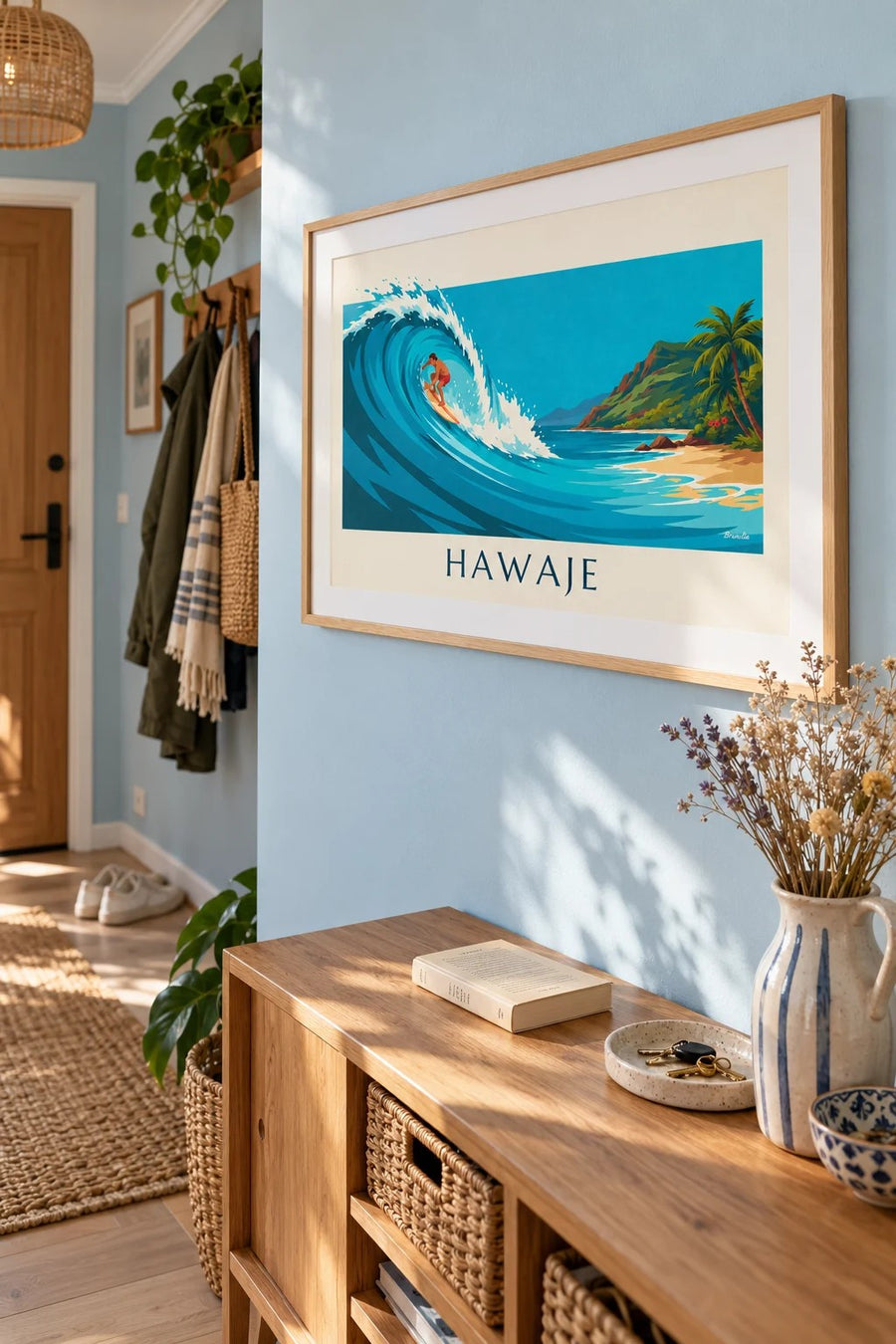 Plakat Hawaje z surferem i turkusową tropikalną falą: oprawiony na ścianie