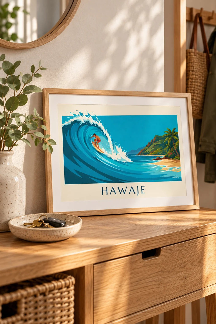 Plakat Hawaje z surferem i turkusową tropikalną falą: mały format A4 w ramie