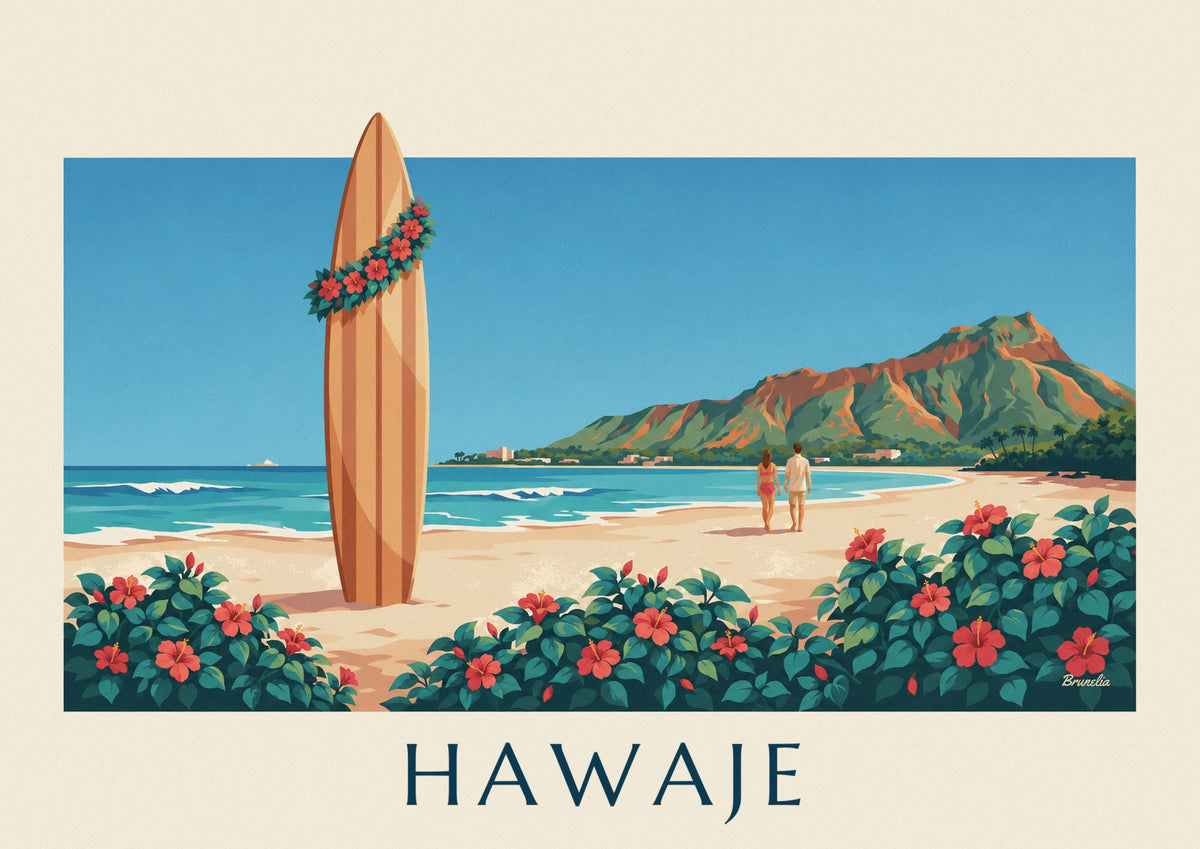 Plakat deska surfingowa i hibiskus naprzeciw Diamond Head, Hawaje