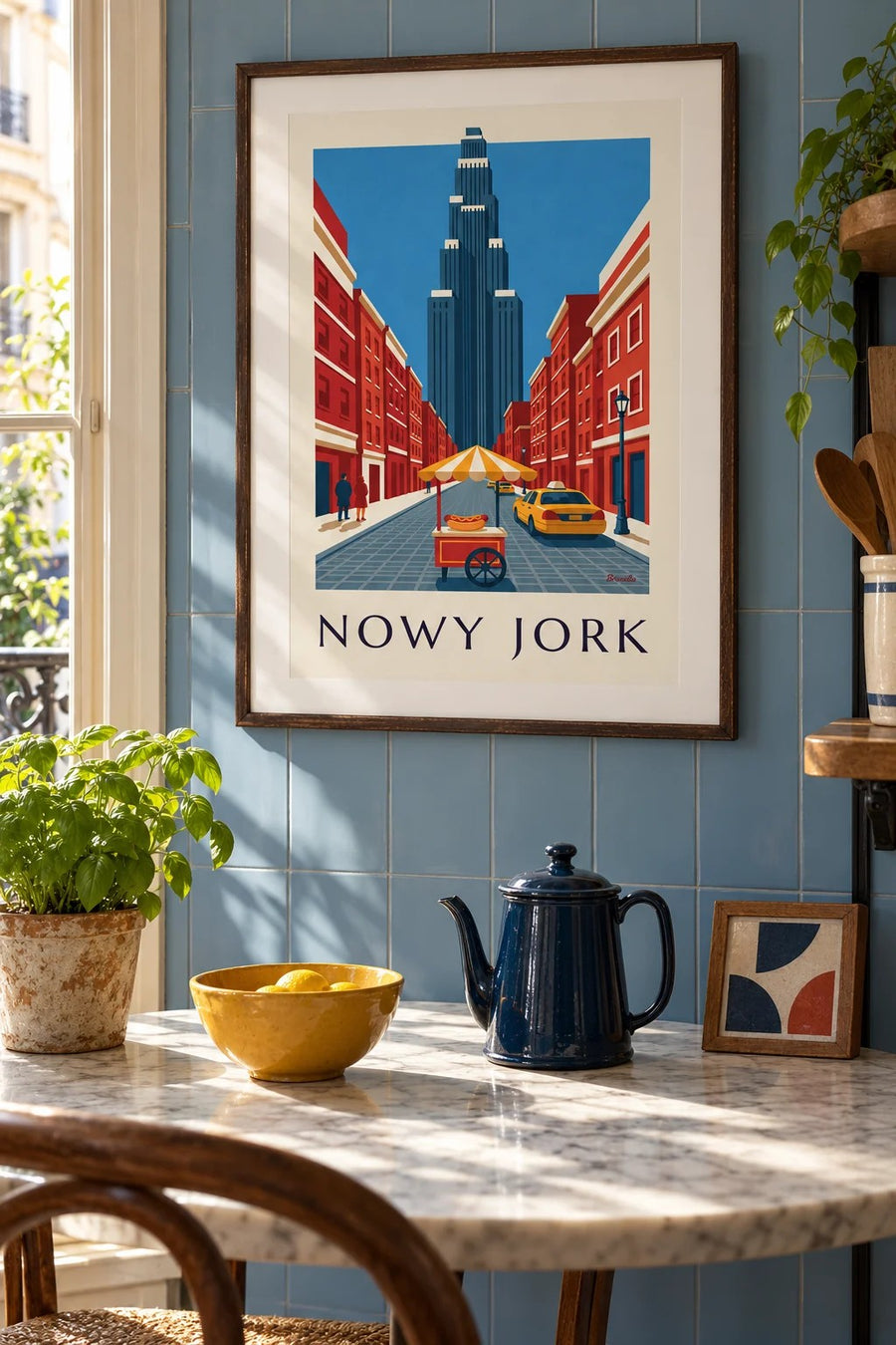 Plakat wózek z hot dogami na ulicy Nowego Jorku: oprawiony na ścianie