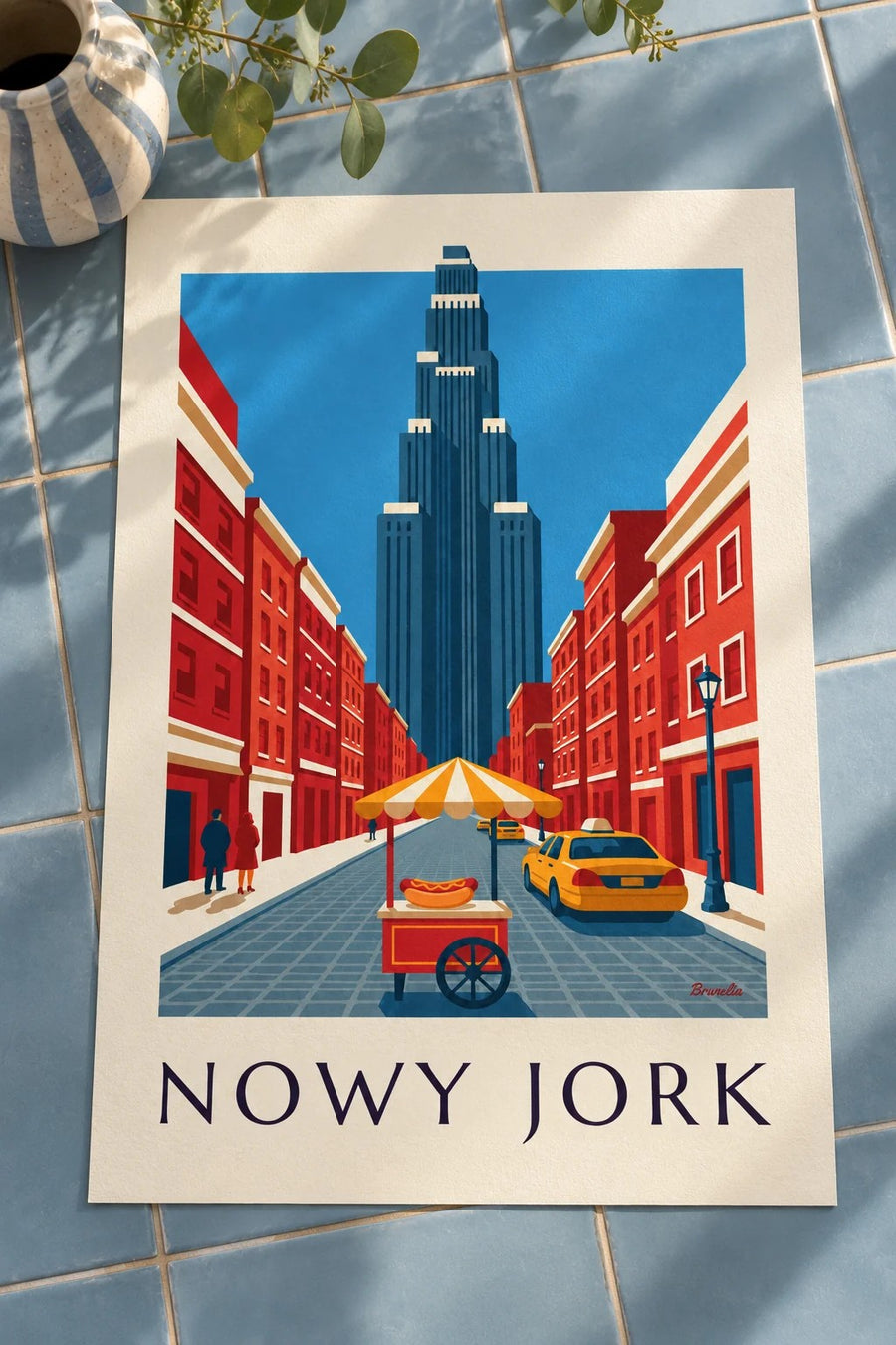 Plakat wózek z hot dogami na ulicy Nowego Jorku: leżący na stole