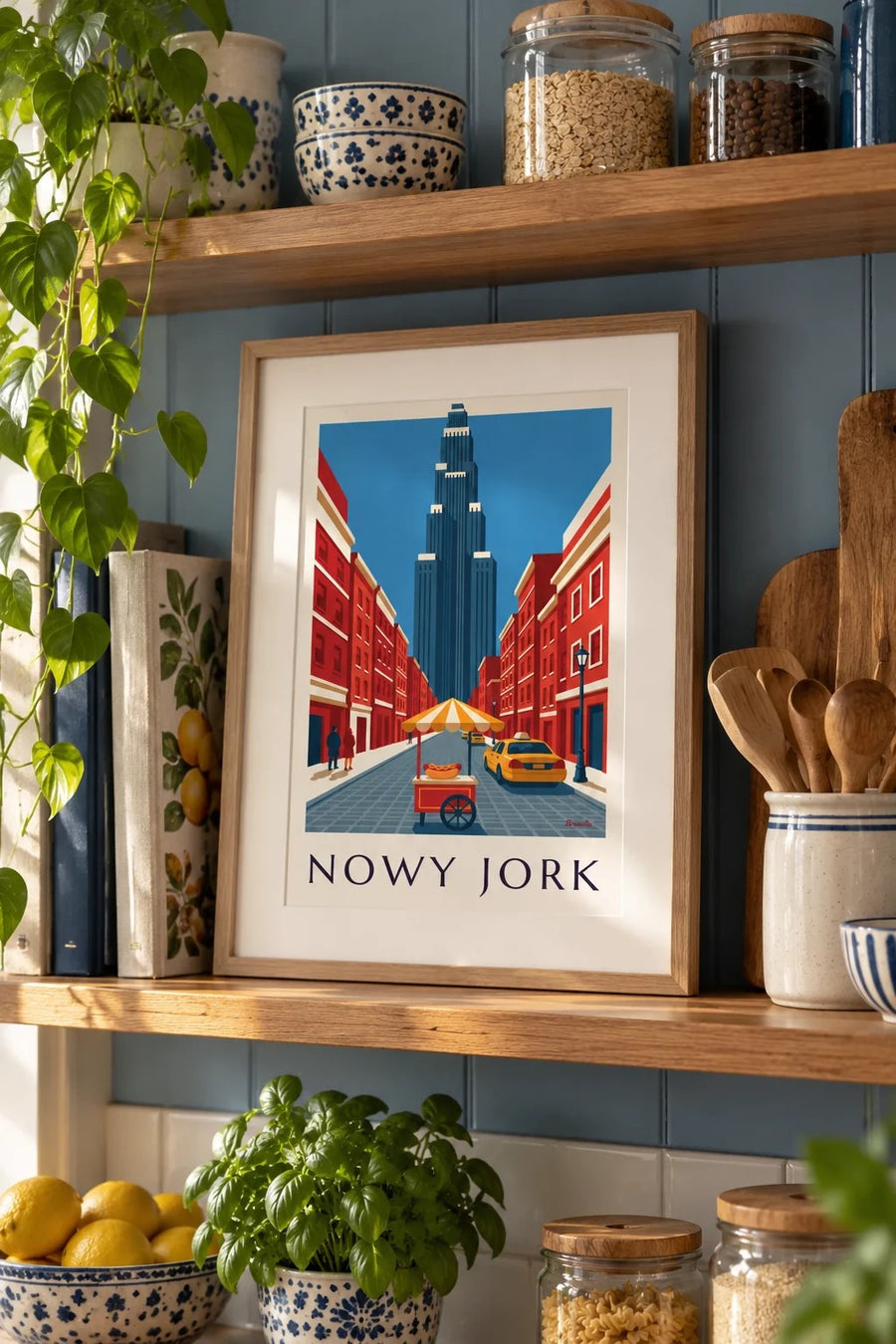 Plakat wózek z hot dogami na ulicy Nowego Jorku: mały format A4 w ramie