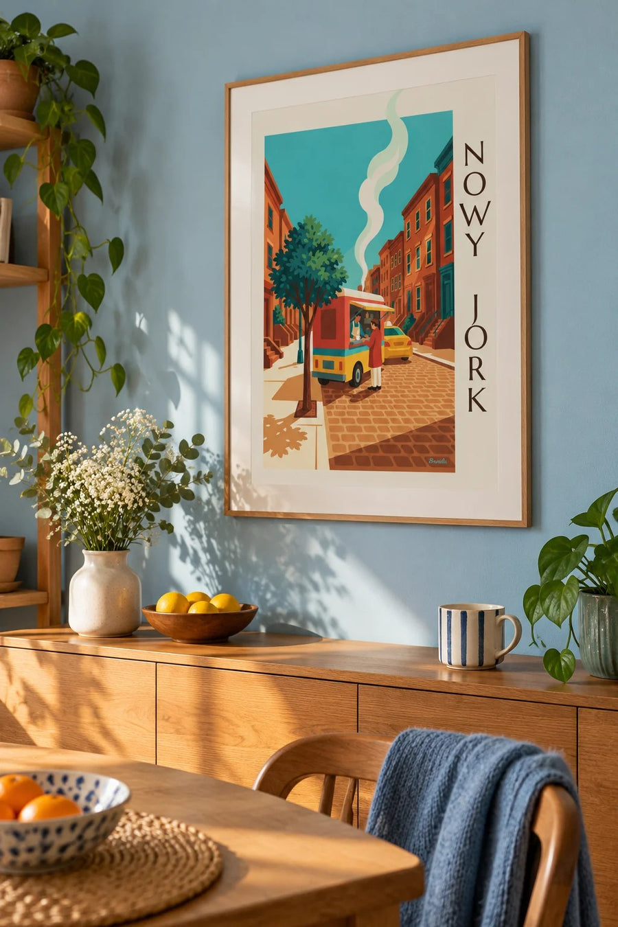 Plakat kolorowa furgonetka z kawą na ulicy Nowego Jorku: w ramie na ścianie