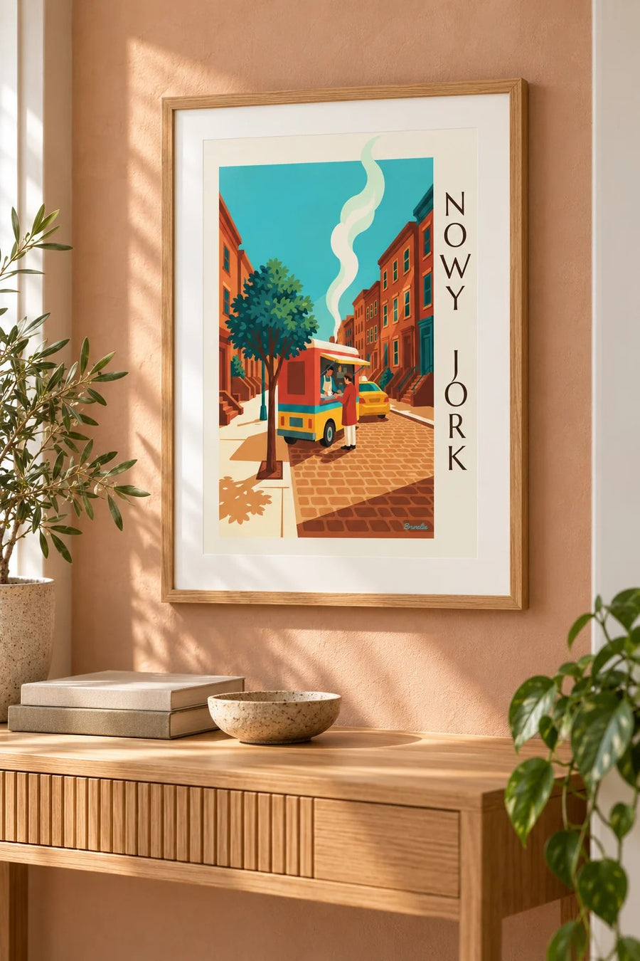 Plakat kolorowa furgonetka z kawą na ulicy Nowego Jorku: mały format A4 w ramie
