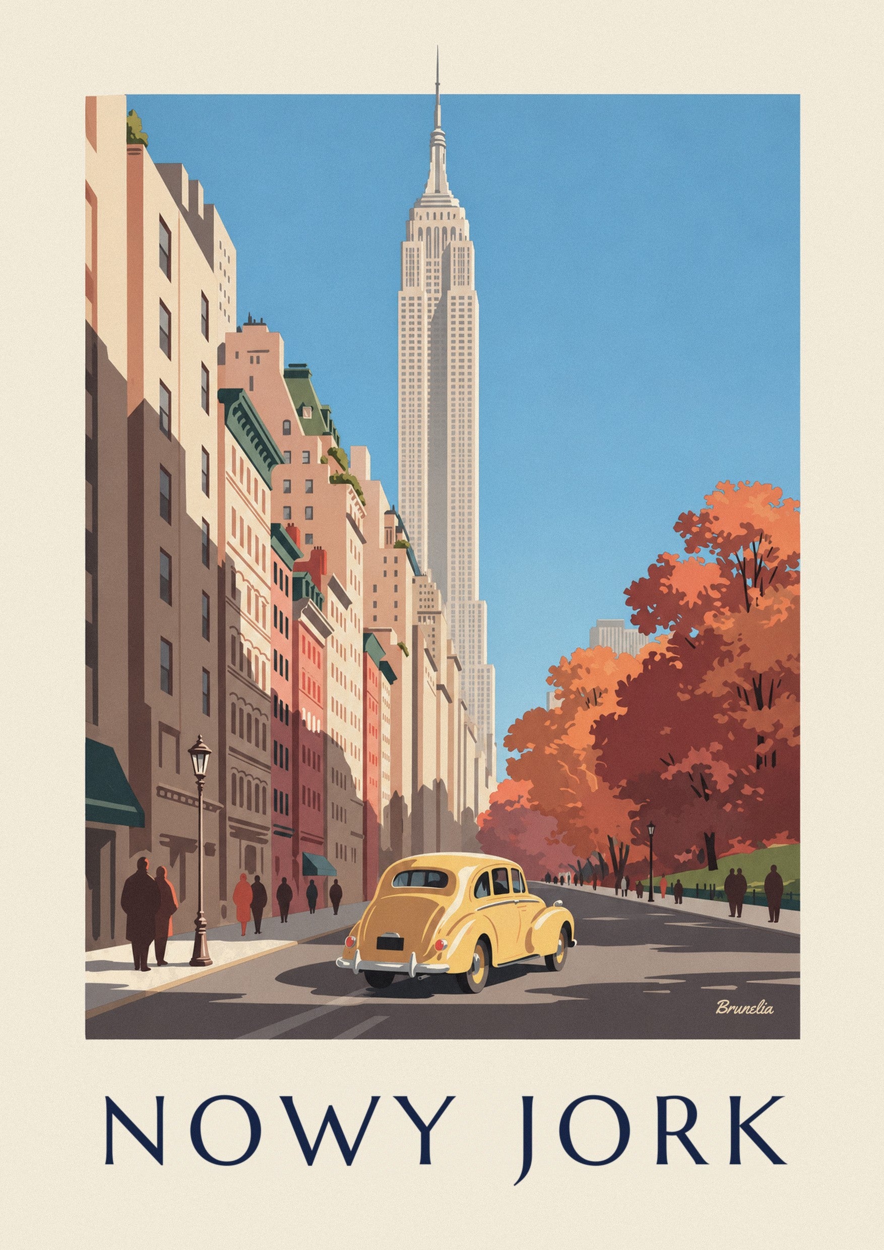 Plakat żółty samochód i Empire State Building jesienią: zbliżenie szczegółu