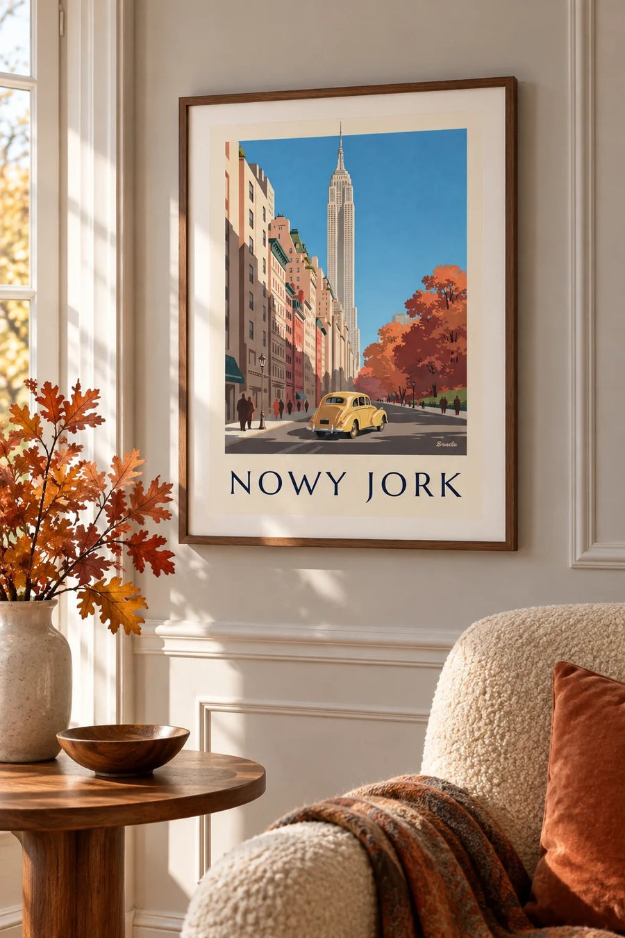 Plakat żółty samochód i Empire State Building jesienią: mały format A4 w ramie