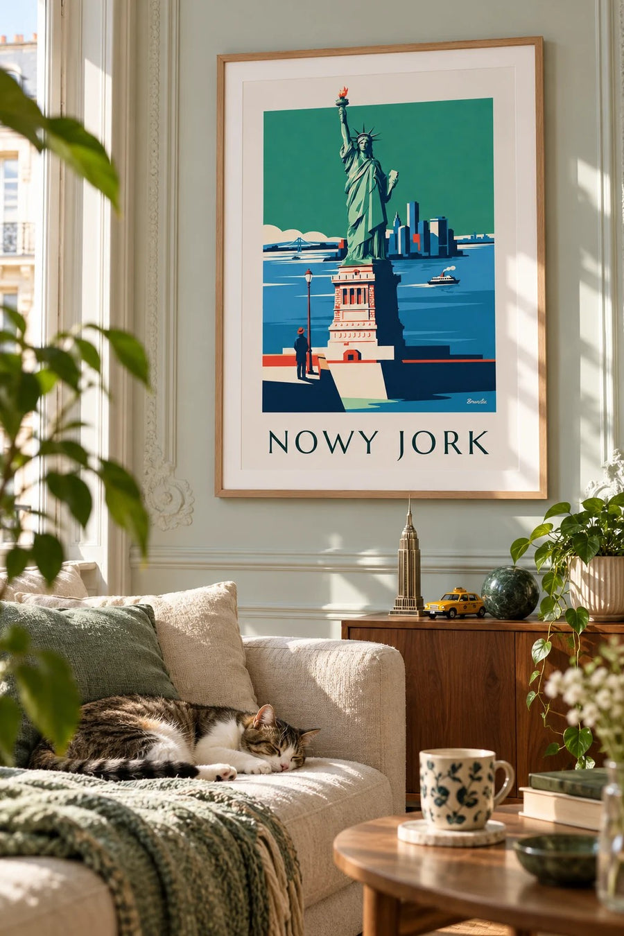 Plakat Statua Wolności i panorama Manhattanu w Nowym Jorku: w ramie na ścianie