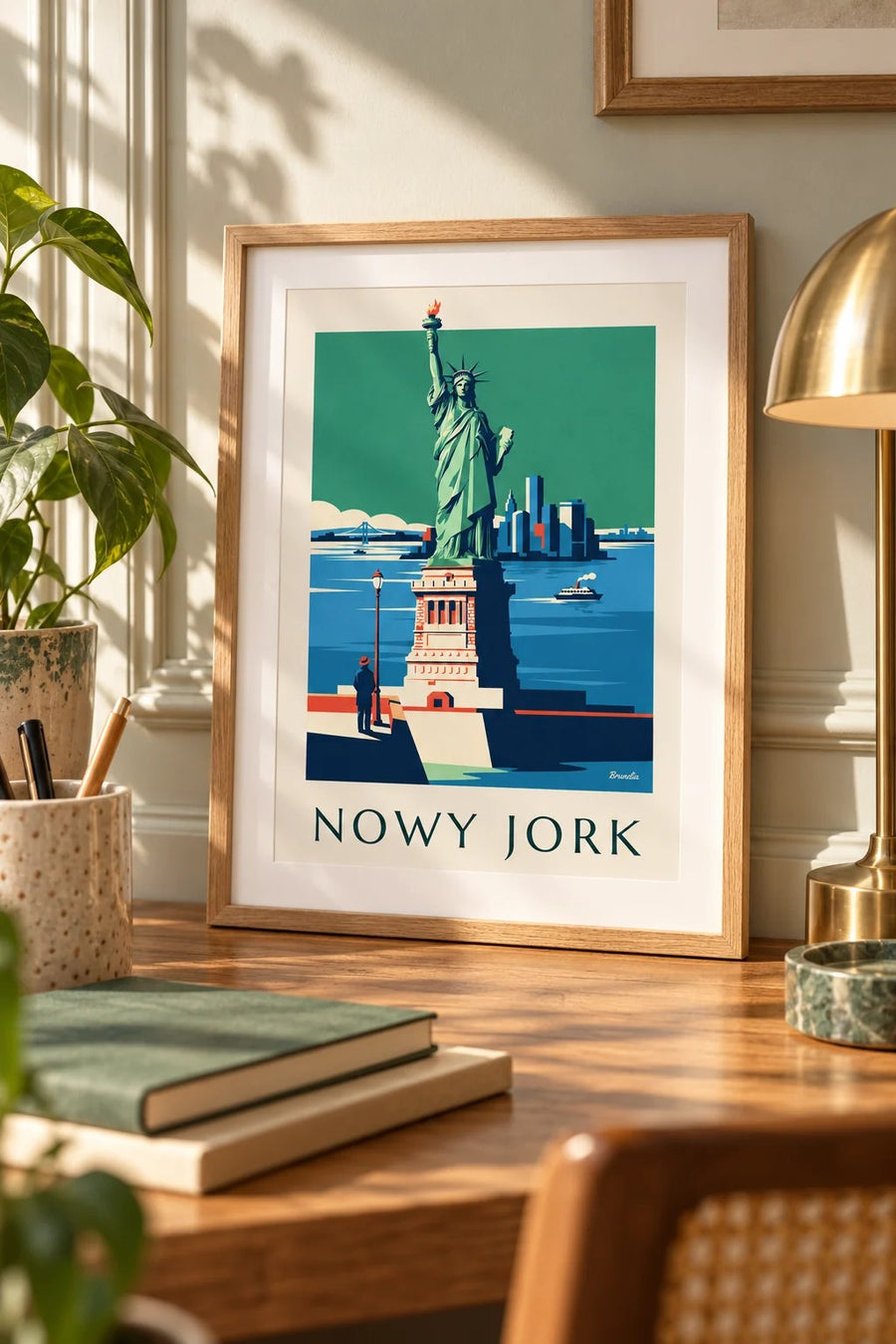 Plakat Statua Wolności i panorama Manhattanu w Nowym Jorku: mały format A4 w ramce