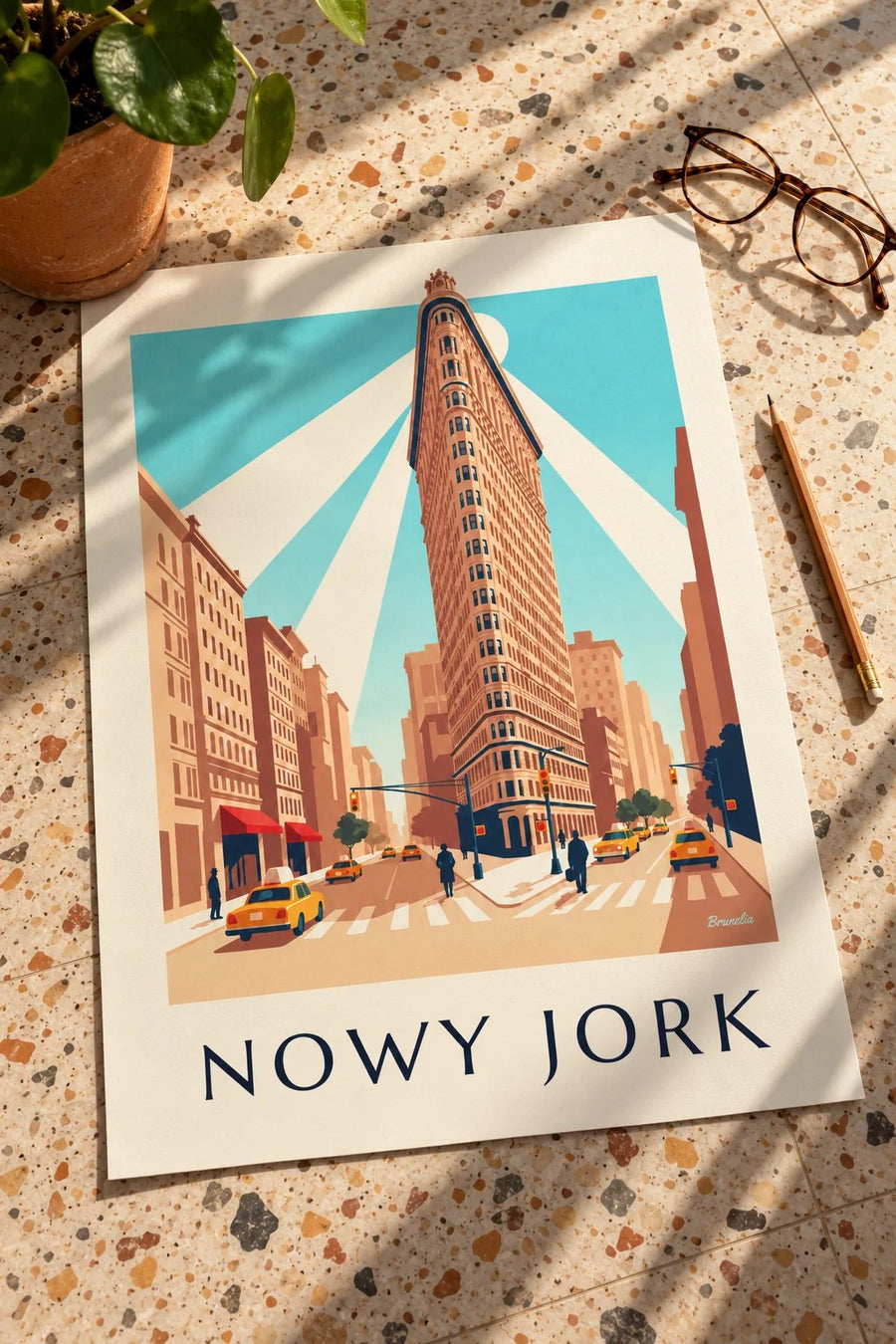 Plakat Flatiron Building między Broadwayem a Piątą Aleją: na stole