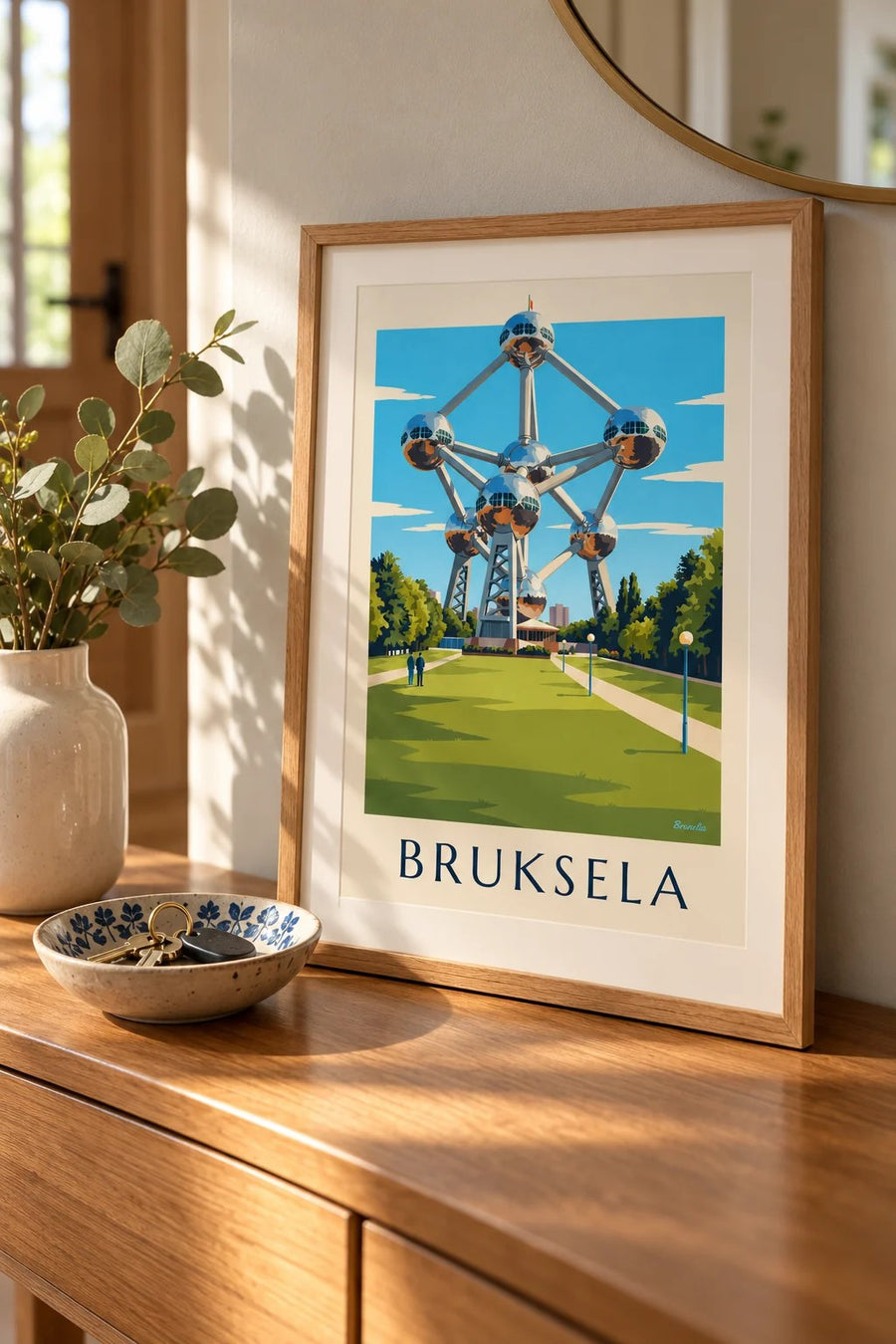 Plakat Atomium w Brukseli i trawniki parku: mały format A4, w ramie
