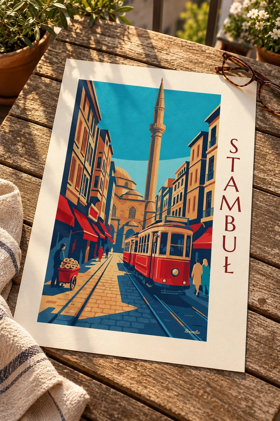 Plakat zabytkowy tramwaj na alei İstiklal w Stambule: na stole