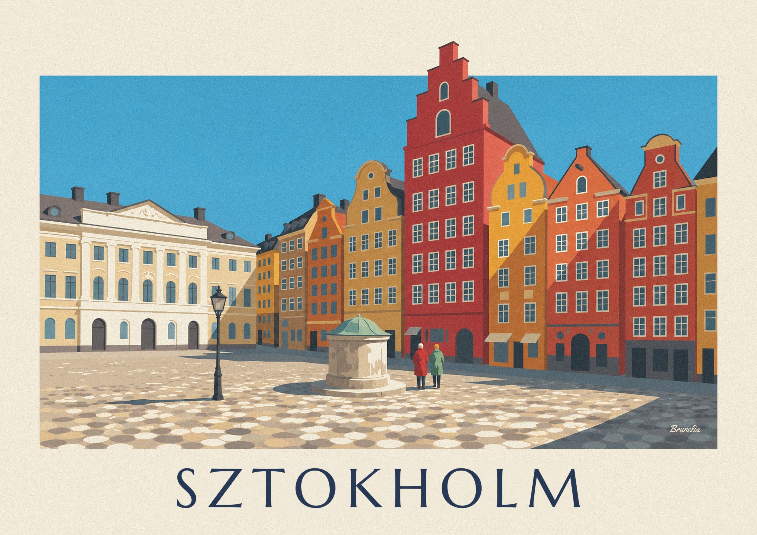 Plakat z kolorowymi kamienicami na Stortorget w Gamla stan w Sztokholmie: zbliżenie szczegółu