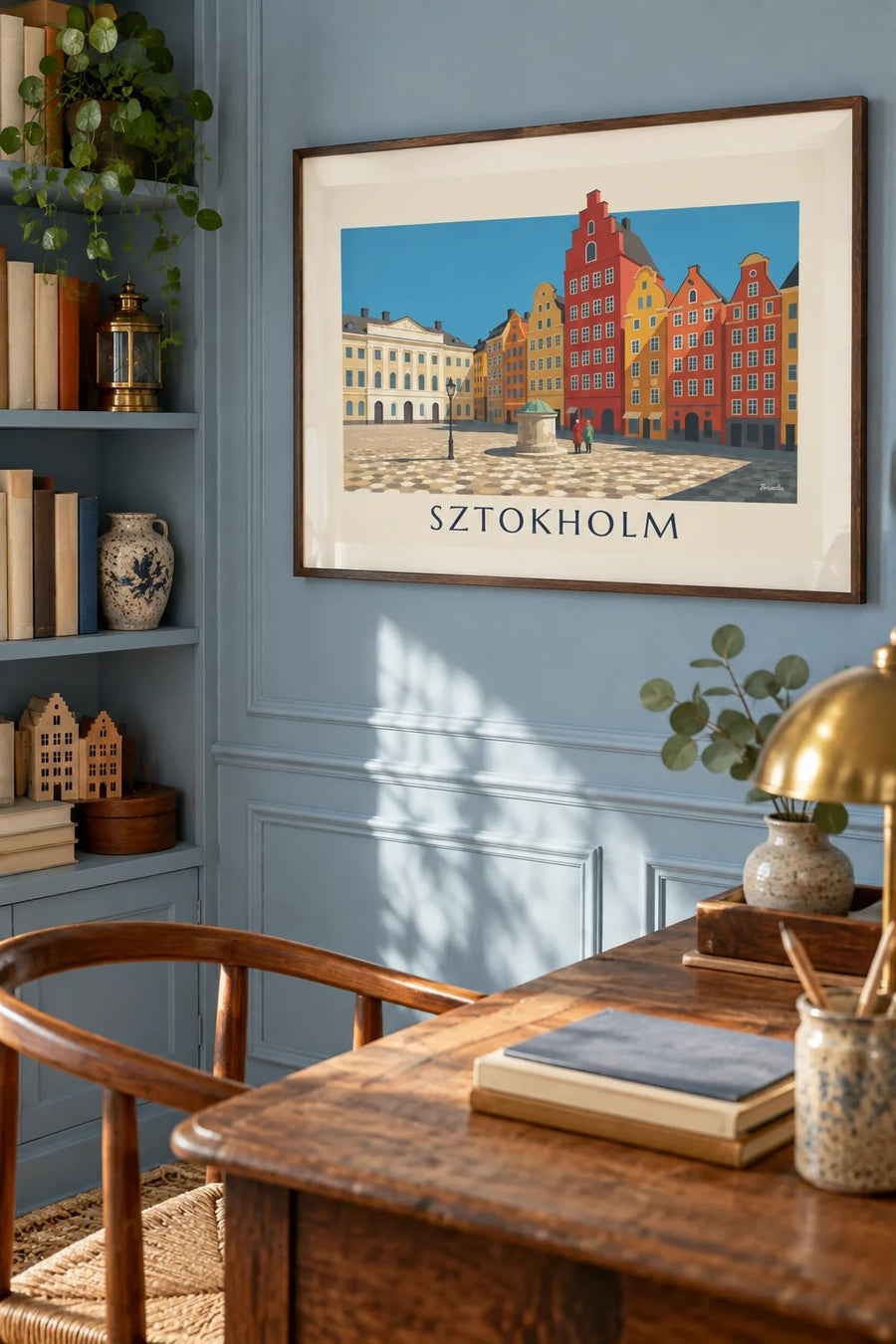 Plakat z kolorowymi kamienicami na Stortorget w Gamla stan w Sztokholmie: w ramie na ścianie