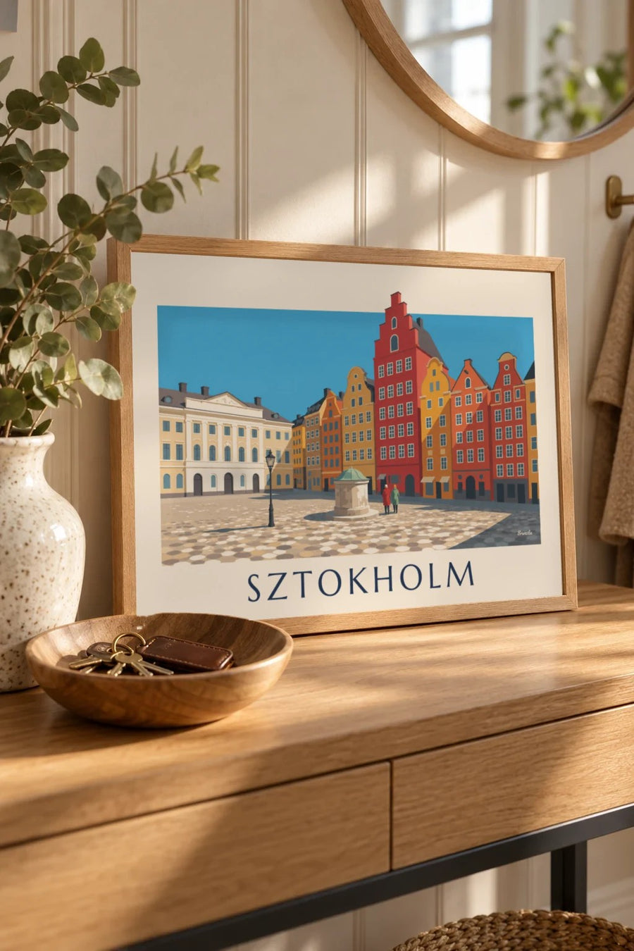 Plakat z kolorowymi kamienicami na Stortorget w Gamla stan w Sztokholmie: mały format A4 w ramce