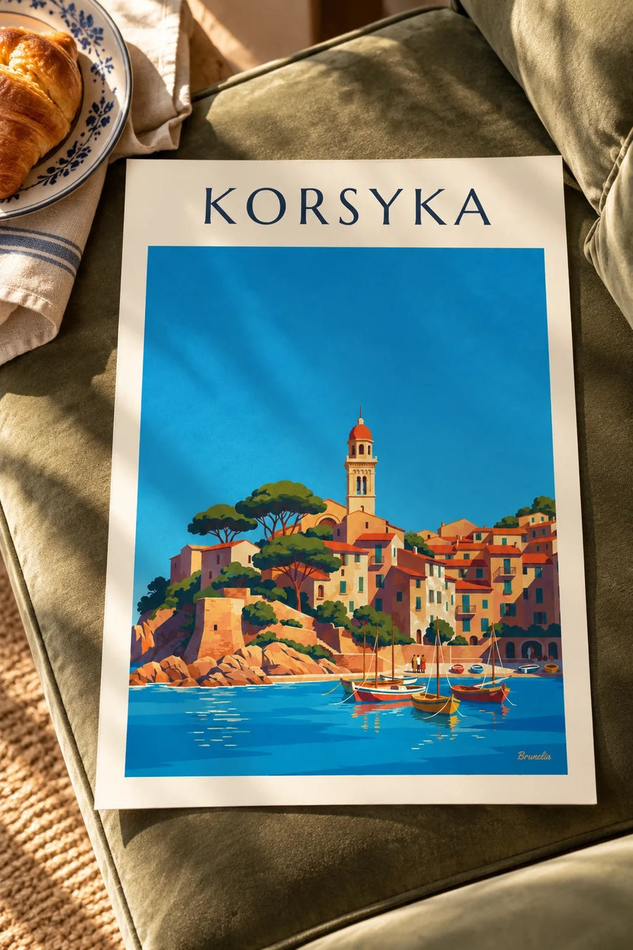 Plakat korsykańska nadmorska wioska i mały port nad Morzem Śródziemnym: położony na stole