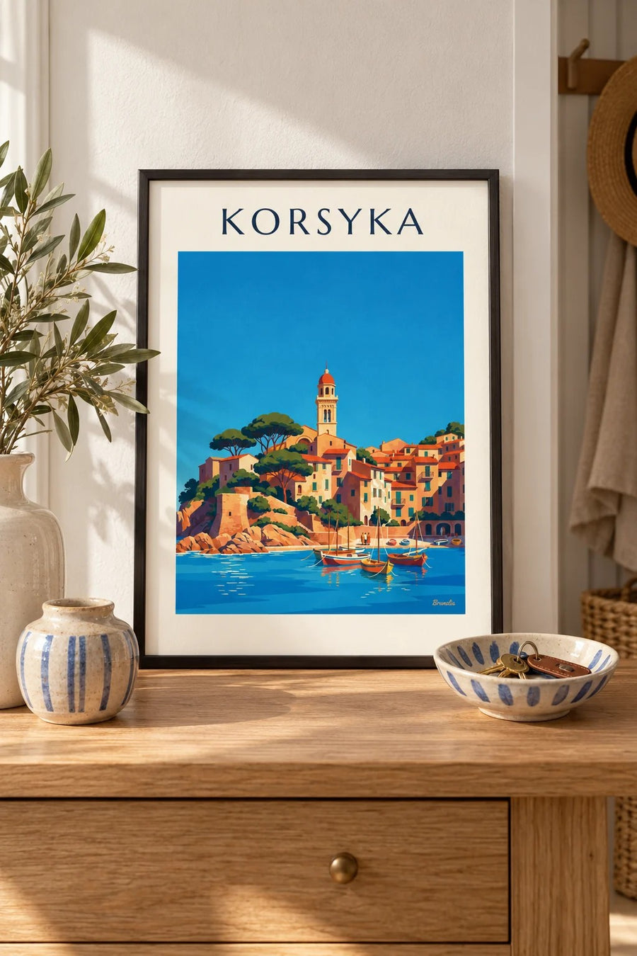 Plakat korsykańska nadmorska wioska i mały port nad Morzem Śródziemnym: mały format A4 w ramce
