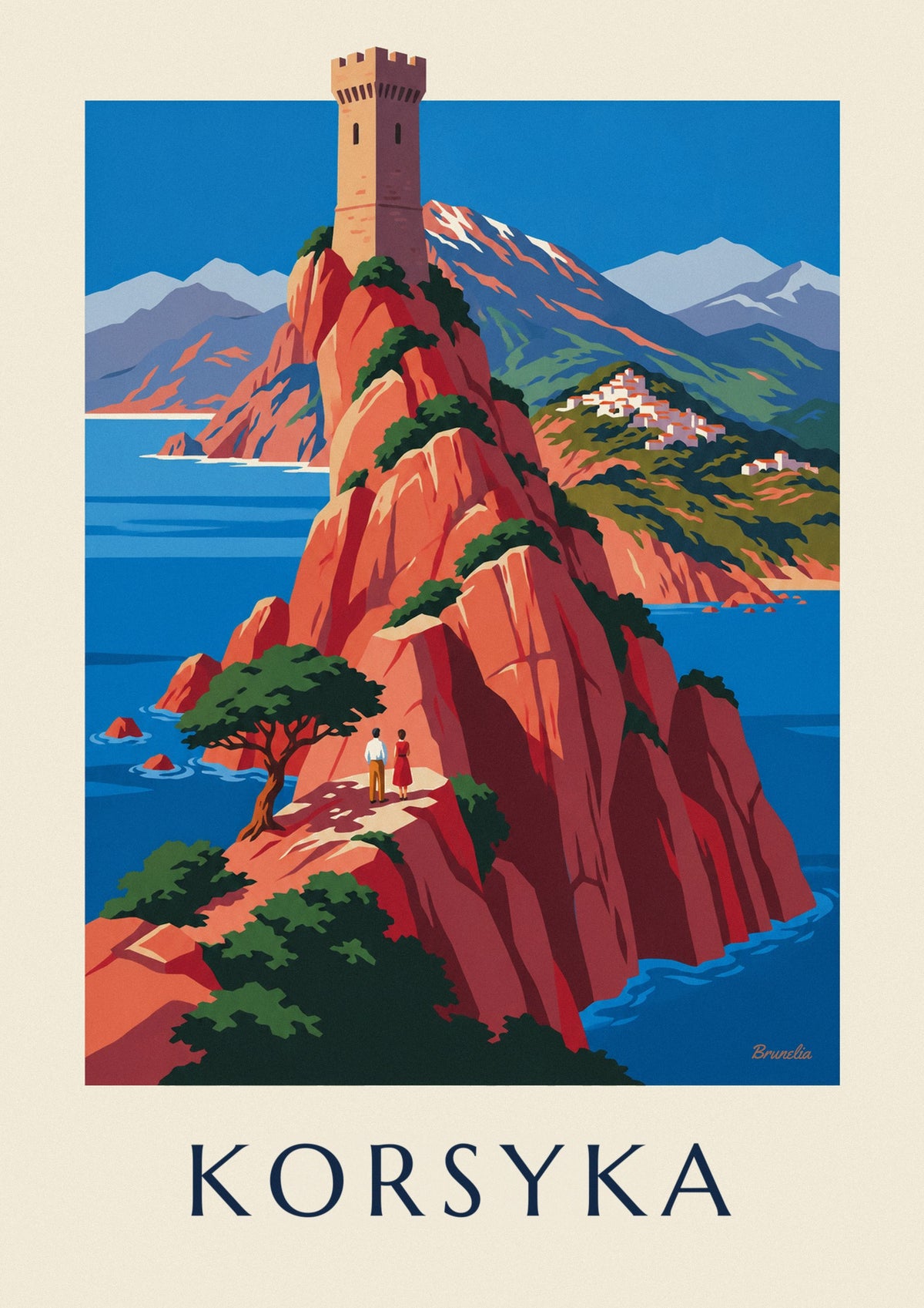 Plakat dzika wybrzeże Korsyki, czerwone klify i Monte Cinto