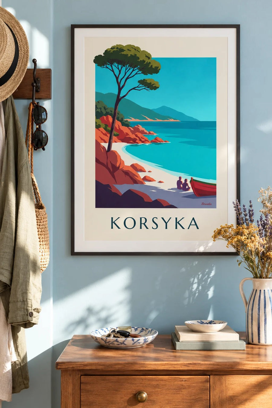 Plakat zatoka na Korsyce, czerwone granitowe skały i pinia: w ramie na ścianie