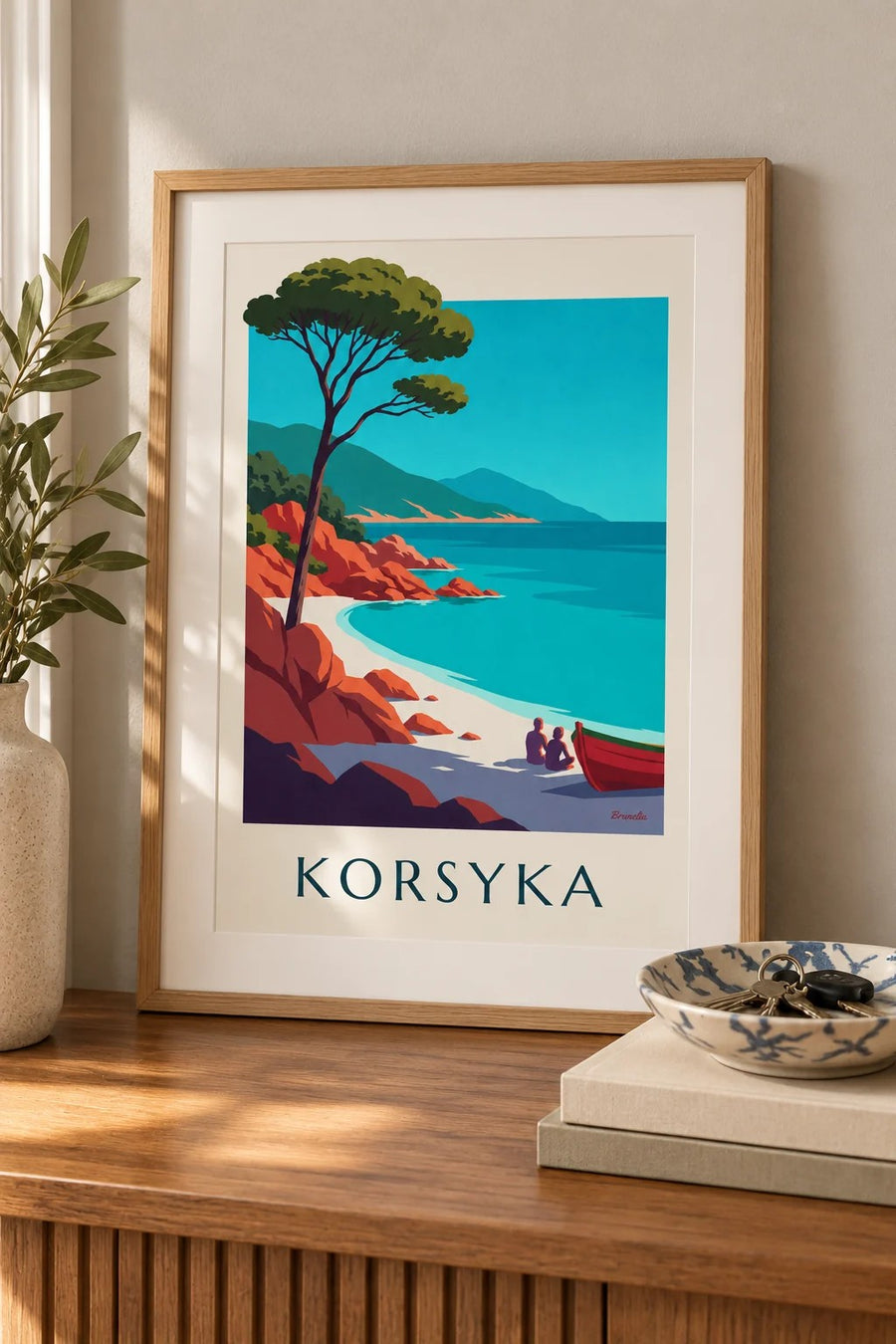 Plakat zatoka na Korsyce, czerwone granitowe skały i pinia: mały format A4 w ramie
