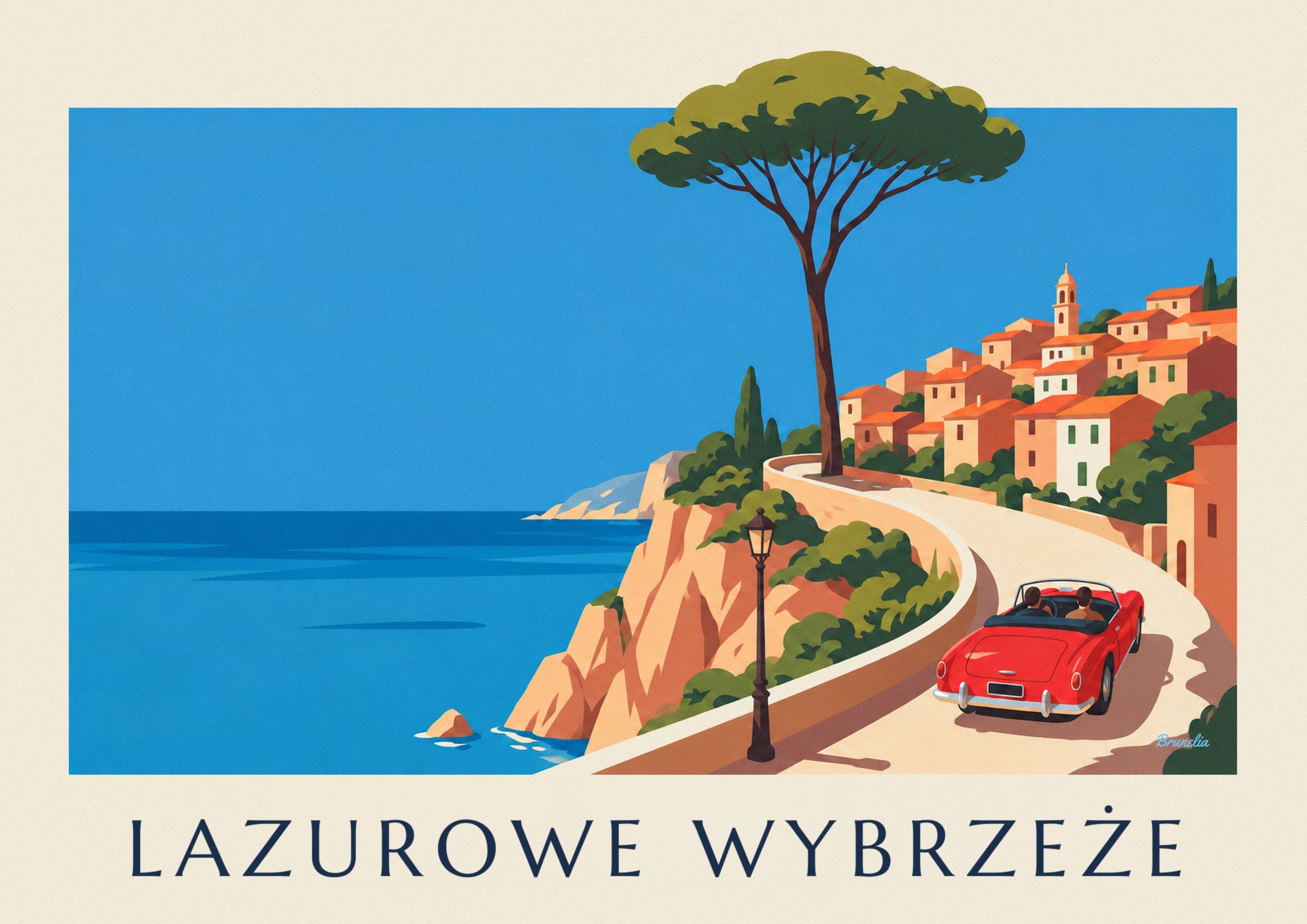 Plakat czerwony kabriolet na nadmorskiej drodze Lazurowego Wybrzeża: zbliżenie szczegółu