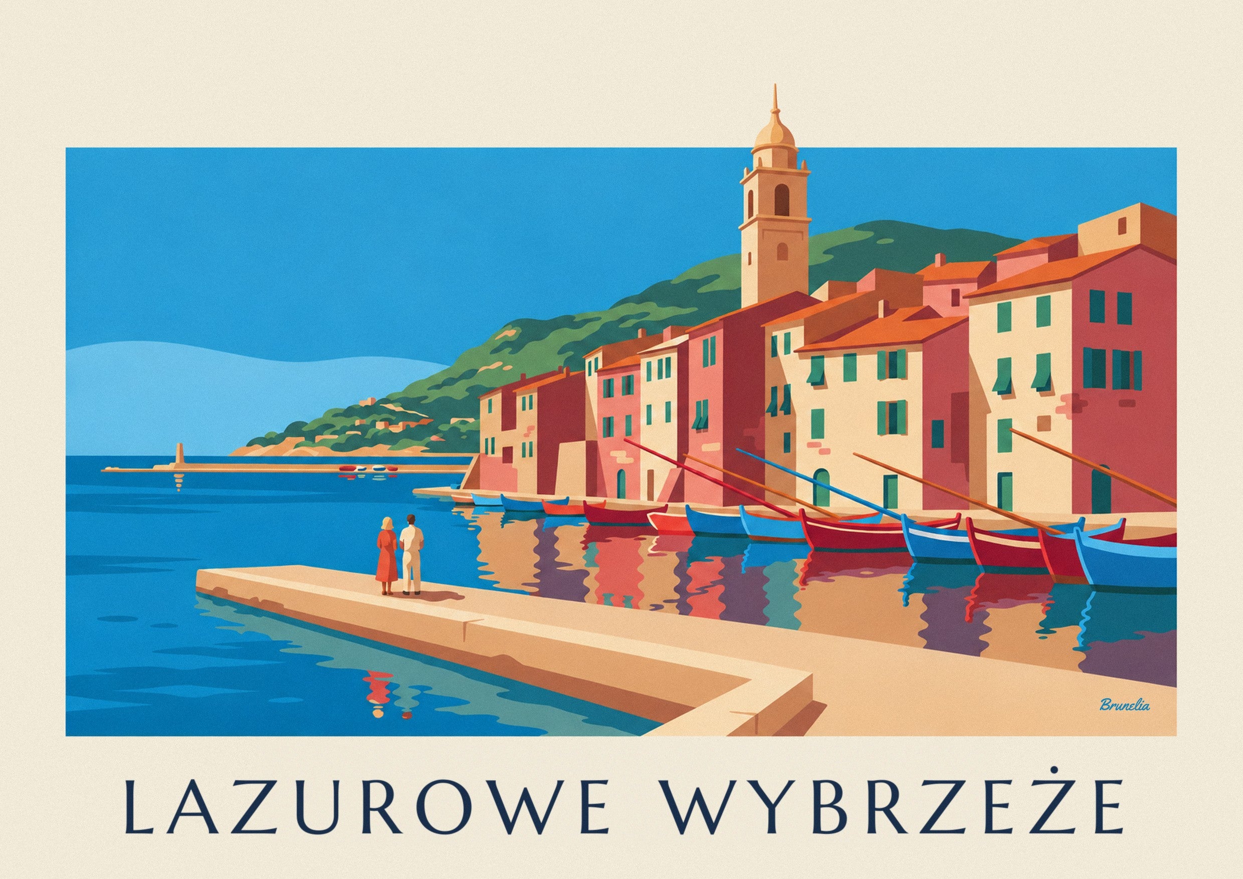 Plakat kolorowe fasady i łodzie w porcie na Lazurowym Wybrzeżu: zbliżenie szczegółu