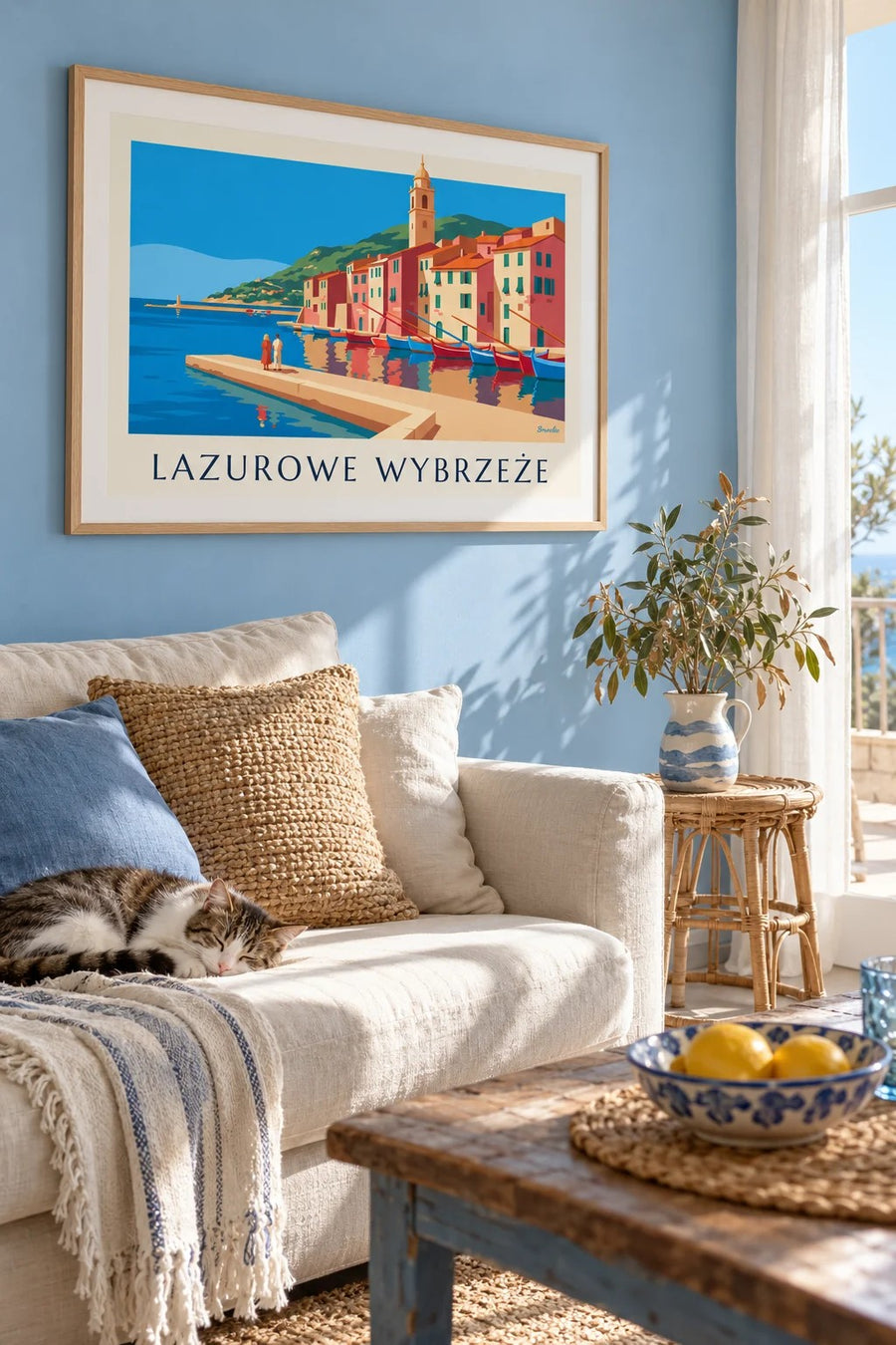 Plakat kolorowe fasady i łodzie w porcie na Lazurowym Wybrzeżu: w ramie na ścianie
