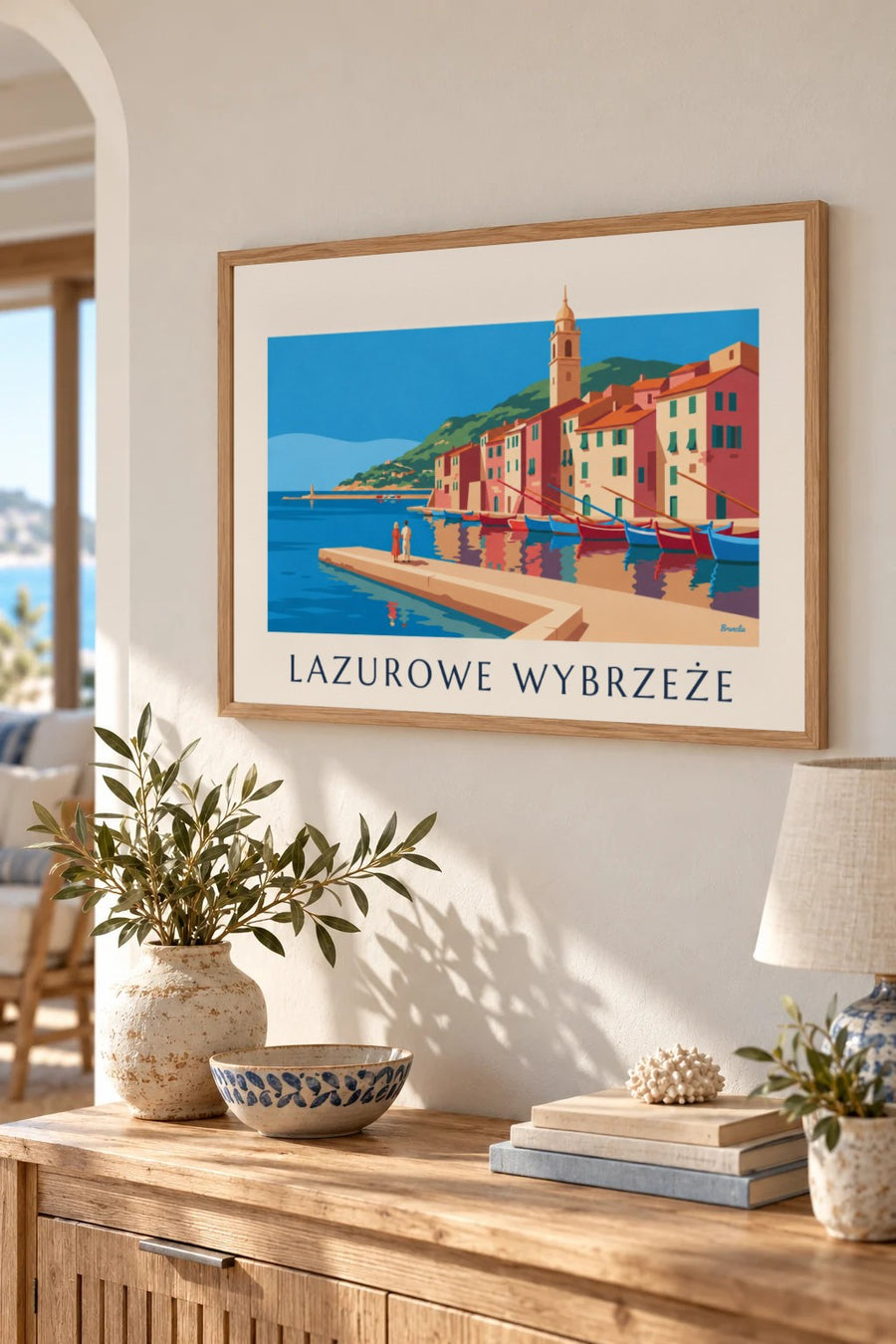 Plakat kolorowe fasady i łodzie w porcie na Lazurowym Wybrzeżu: mały format A4 w ramie