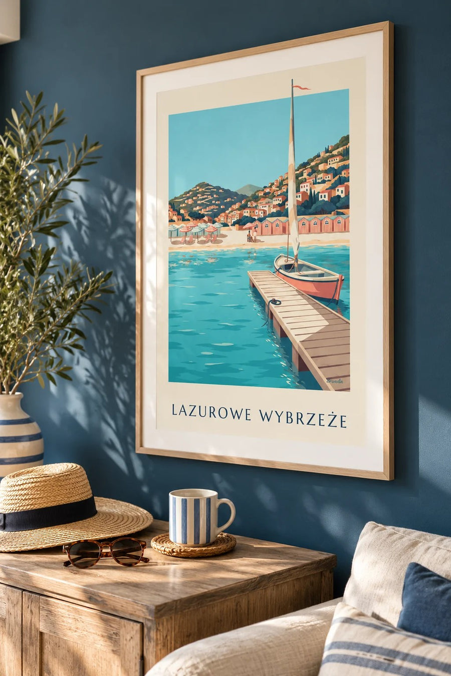 Plakat pasiaste kabiny plażowe i pomost na Lazurowym Wybrzeżu: w ramie na ścianie