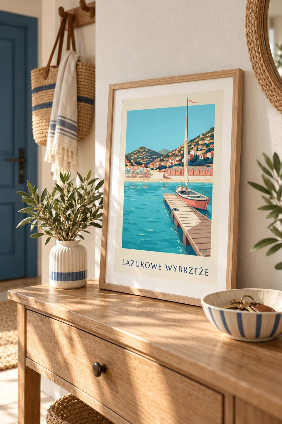 Plakat pasiaste kabiny plażowe i pomost na Lazurowym Wybrzeżu: mały format A4 w ramie