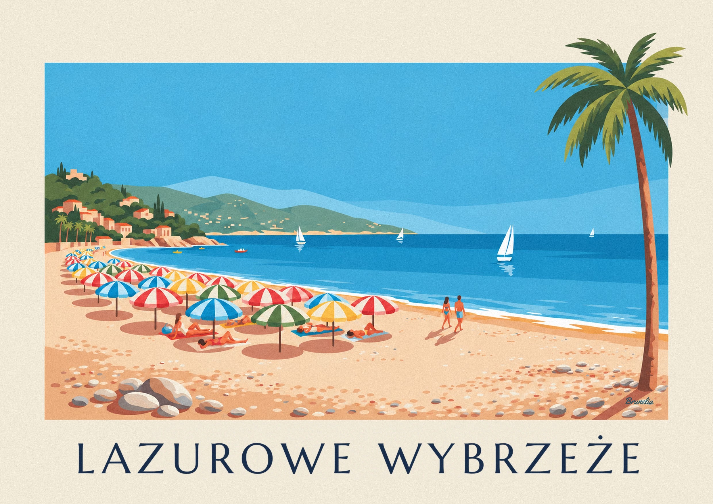 Plakat kolorowe parasole na kamienistej plaży Lazurowego Wybrzeża: zbliżenie szczegółu