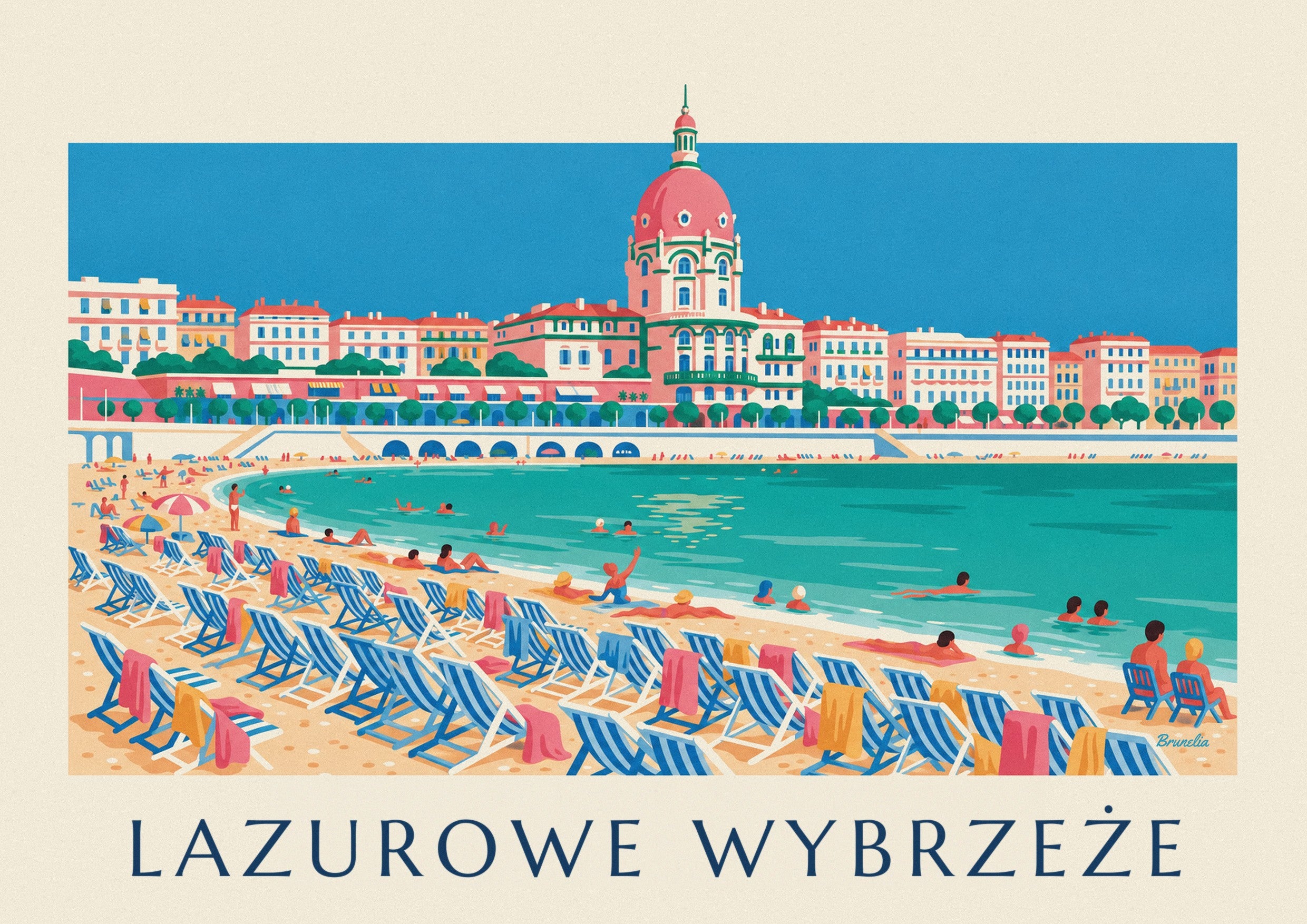 Plakat kąpiący się i leżaki pod Promenadą Anglików w Nicei: zbliżenie szczegółu