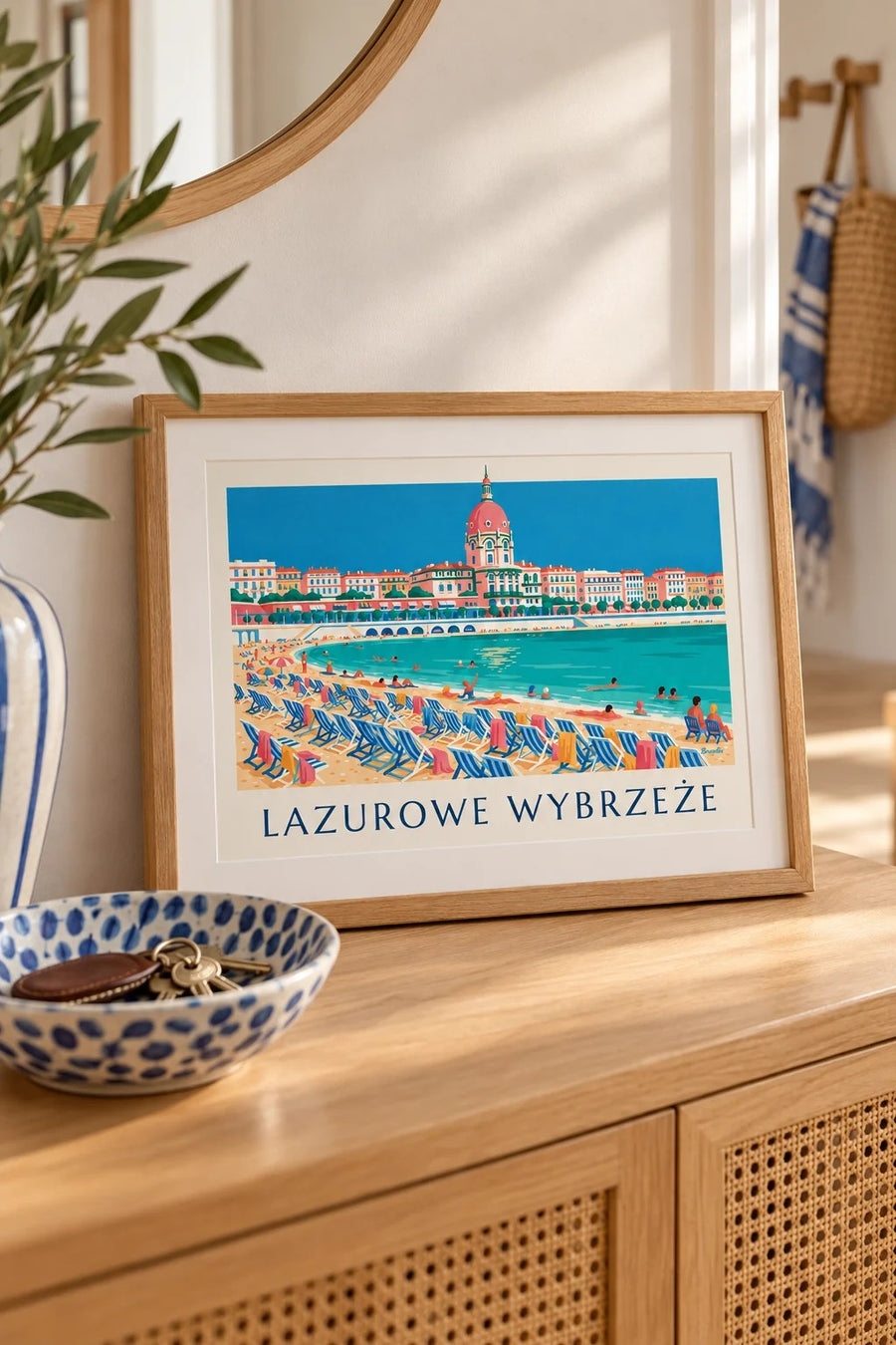 Plakat kąpiący się i leżaki pod Promenadą Anglików w Nicei: mały format A4 w ramie