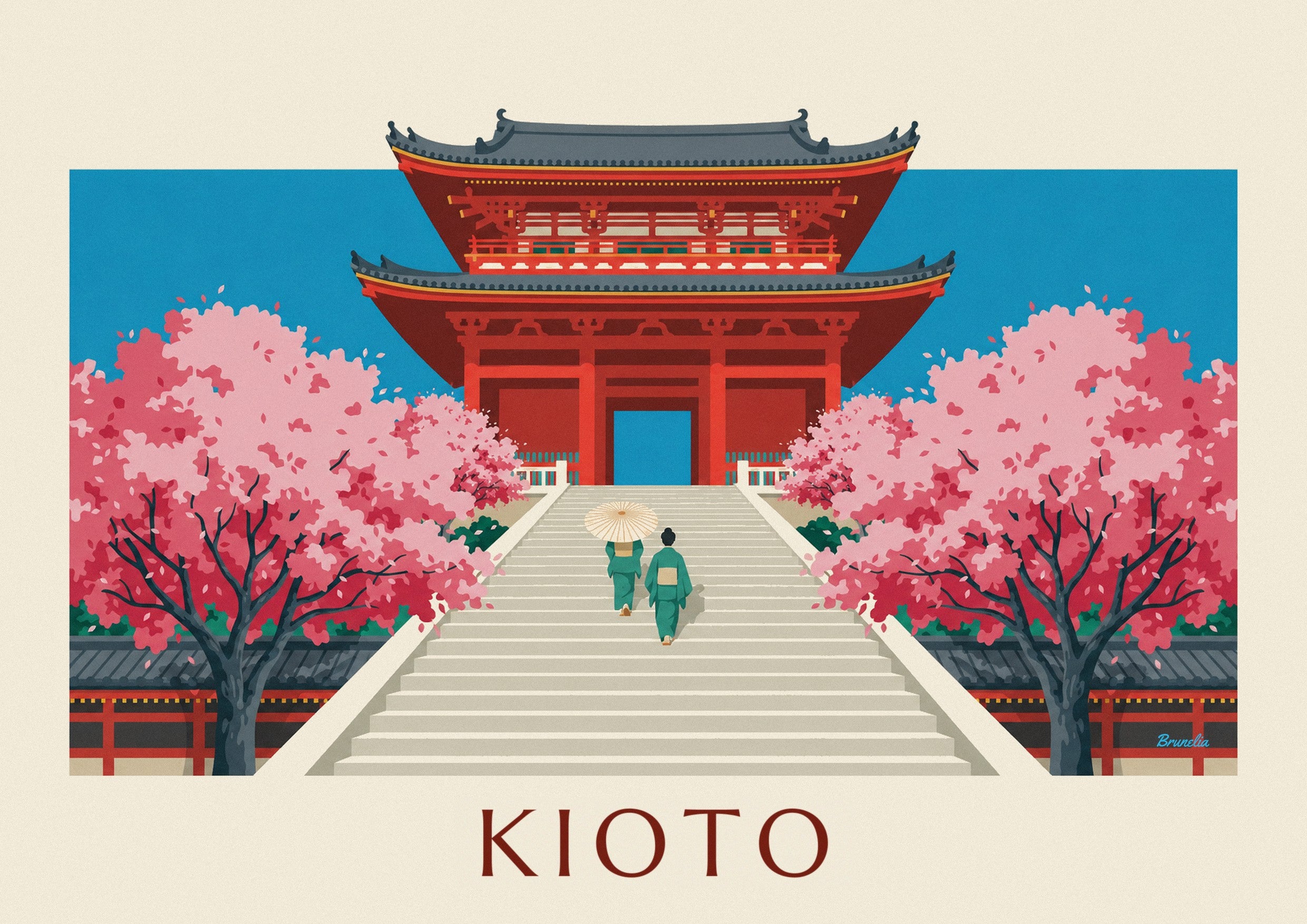 Plakat cynobrowa brama Kiyomizu-dera i wiśnie w Kioto: zbliżenie szczegółu