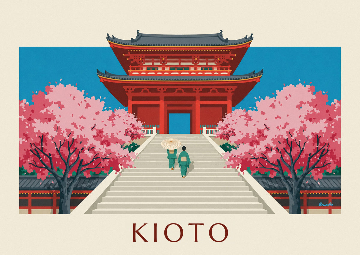 Plakat cynobrowa brama Kiyomizu-dera i wiśnie w Kioto
