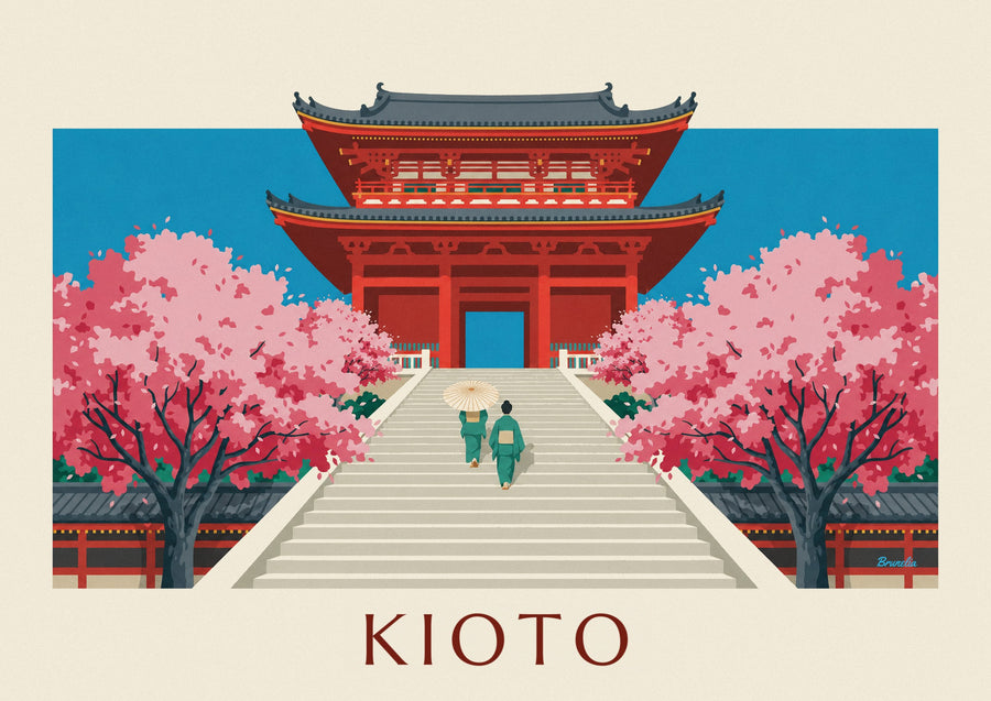 Plakat cynobrowa brama Kiyomizu-dera i wiśnie w Kioto