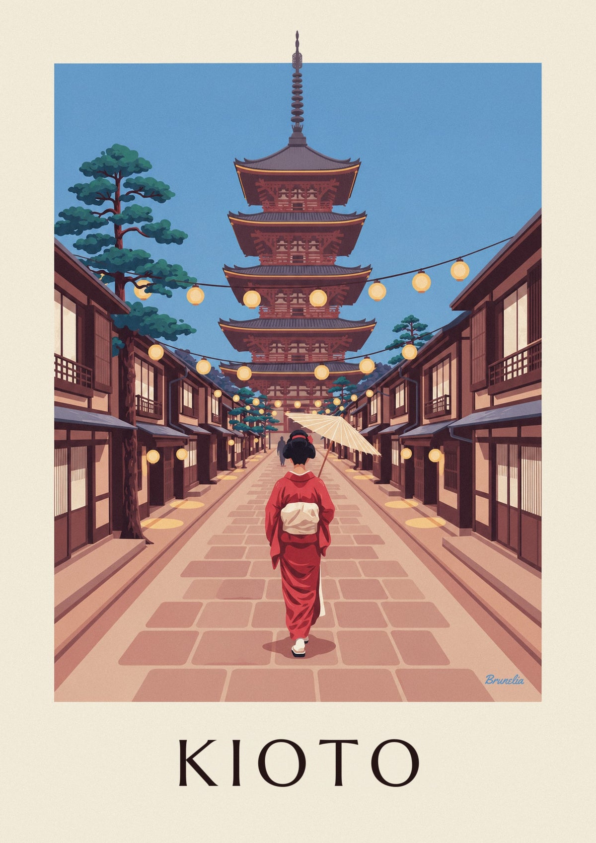 Plakat gejsza z parasolką w drodze do pagody Yasaka w Kioto