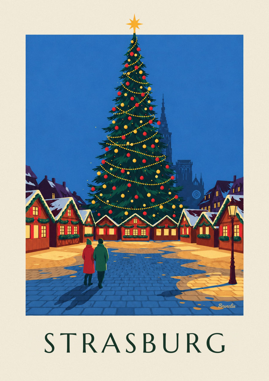 Plakat z jarmarkiem bożonarodzeniowym w Strasburgu na placu Kléber