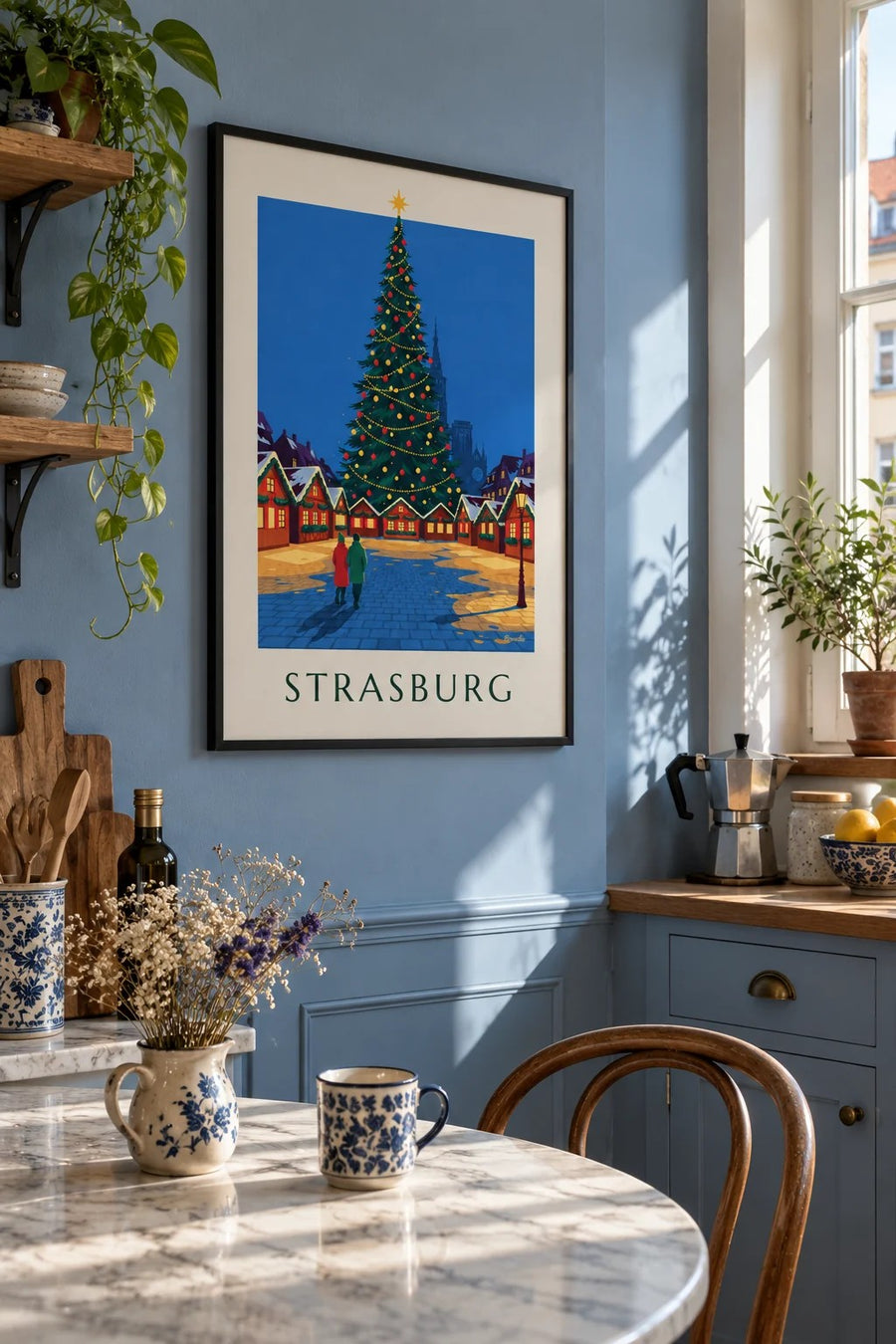 Plakat z jarmarkiem bożonarodzeniowym w Strasburgu na placu Kléber: w ramie na ścianie