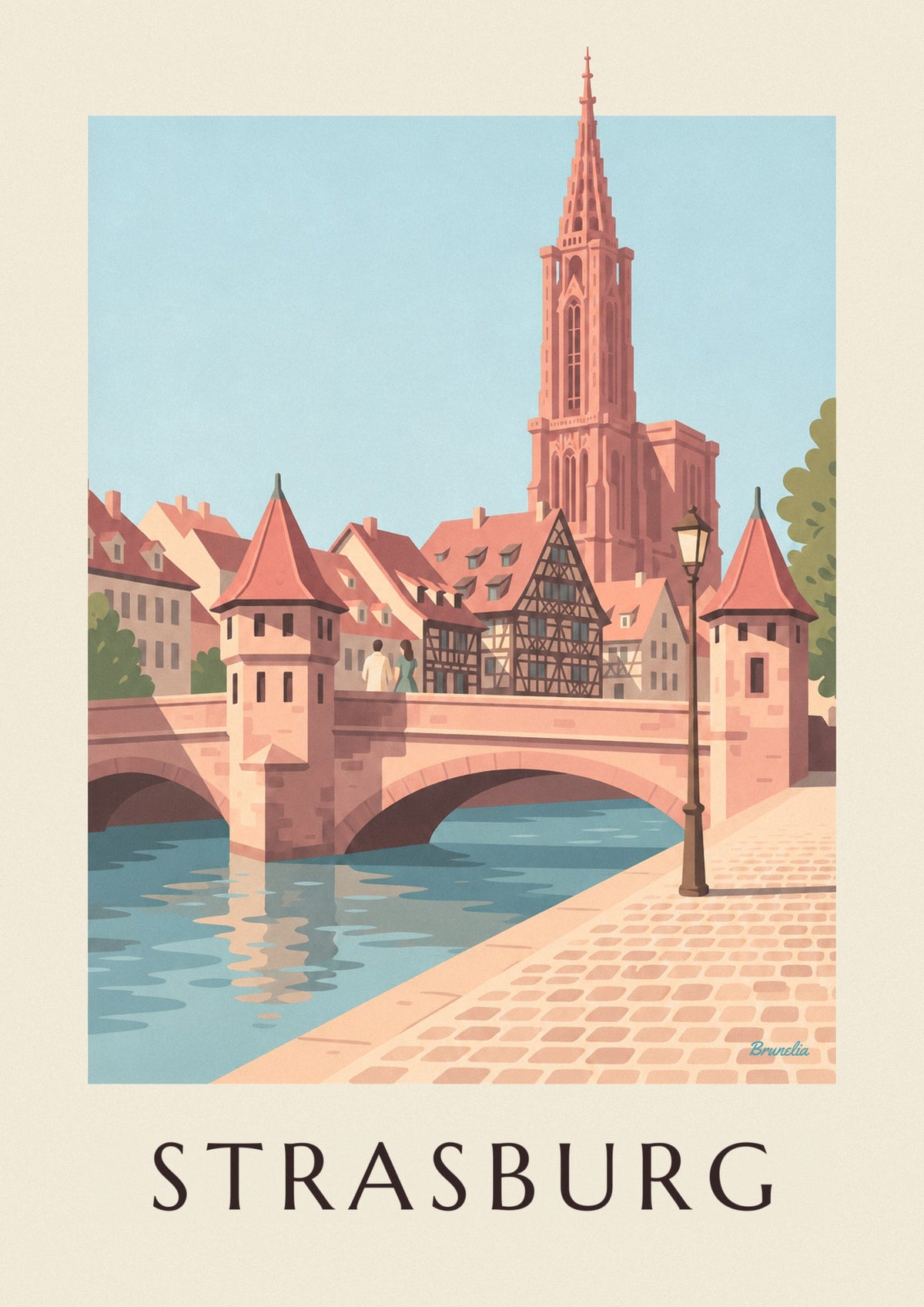 Plakat z katedrą w Strasburgu i średniowiecznym mostem