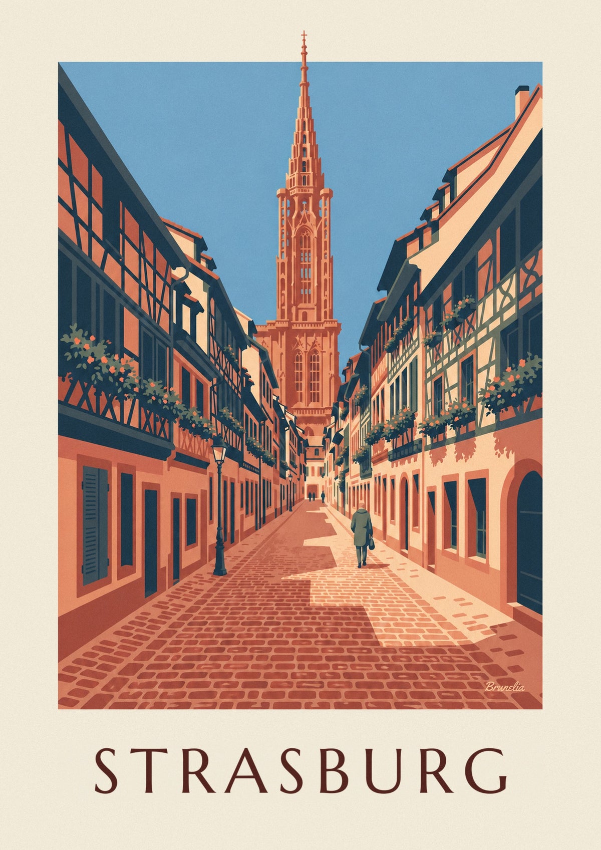 Plakat z brukowaną uliczką i katedrą w starym Strasburgu