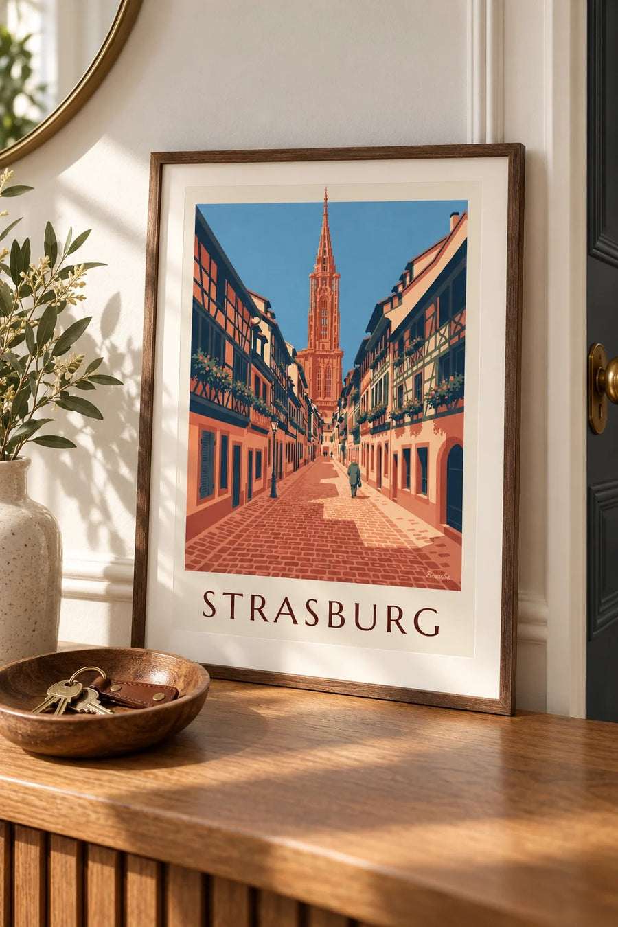 Plakat z brukowaną uliczką i katedrą w starym Strasburgu: mały format A4 w ramce