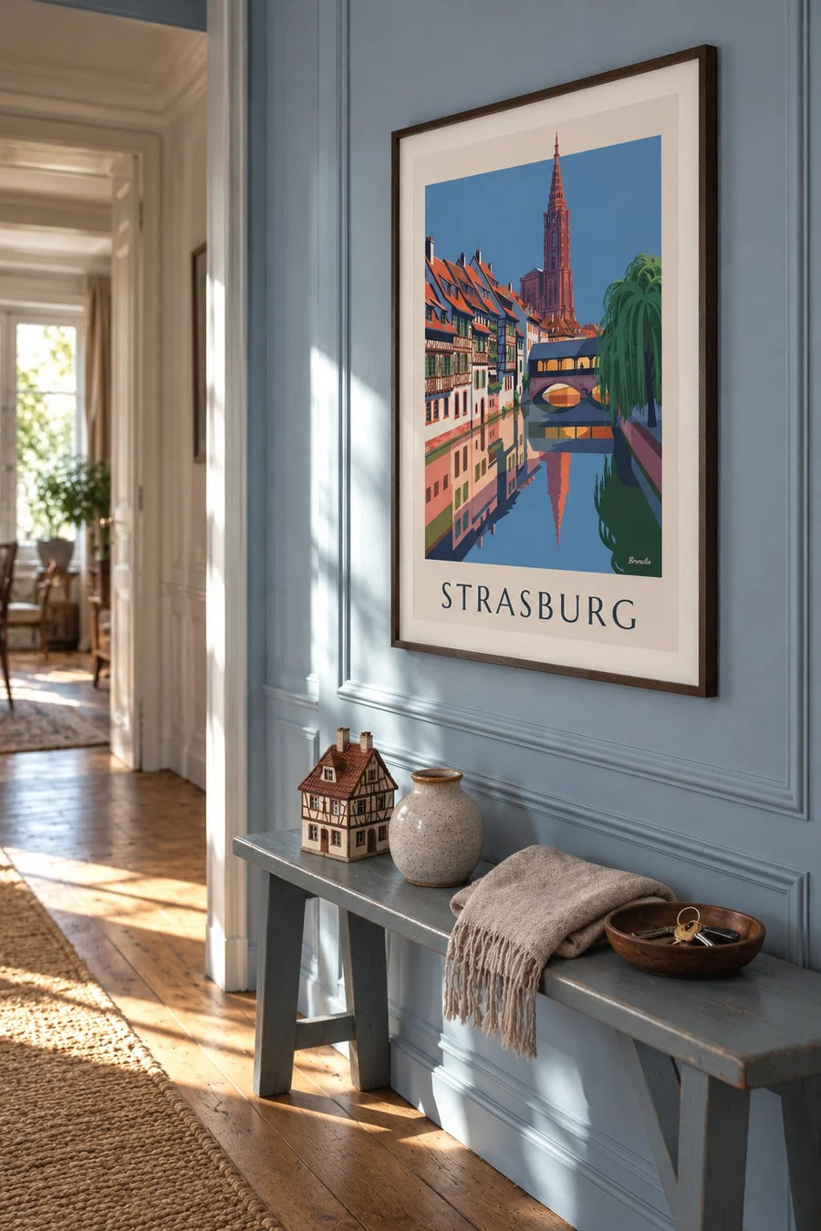 Plakat z domami z muru pruskiego i krytym mostem w Petite France w Strasburgu: w ramie na ścianie