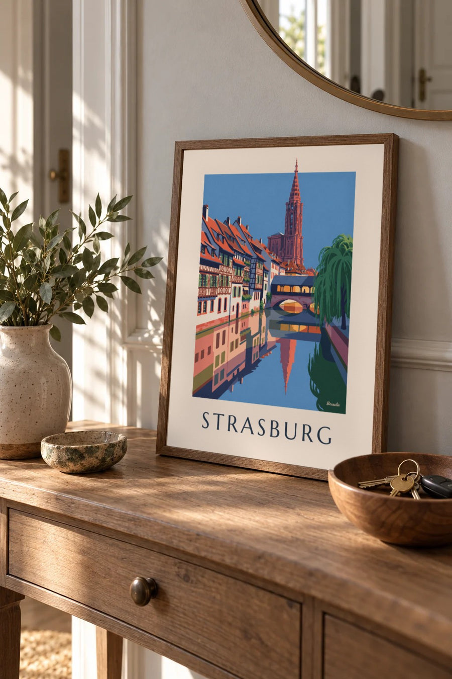 Plakat z domami z muru pruskiego i krytym mostem w Petite France w Strasburgu: format A4 w ramce