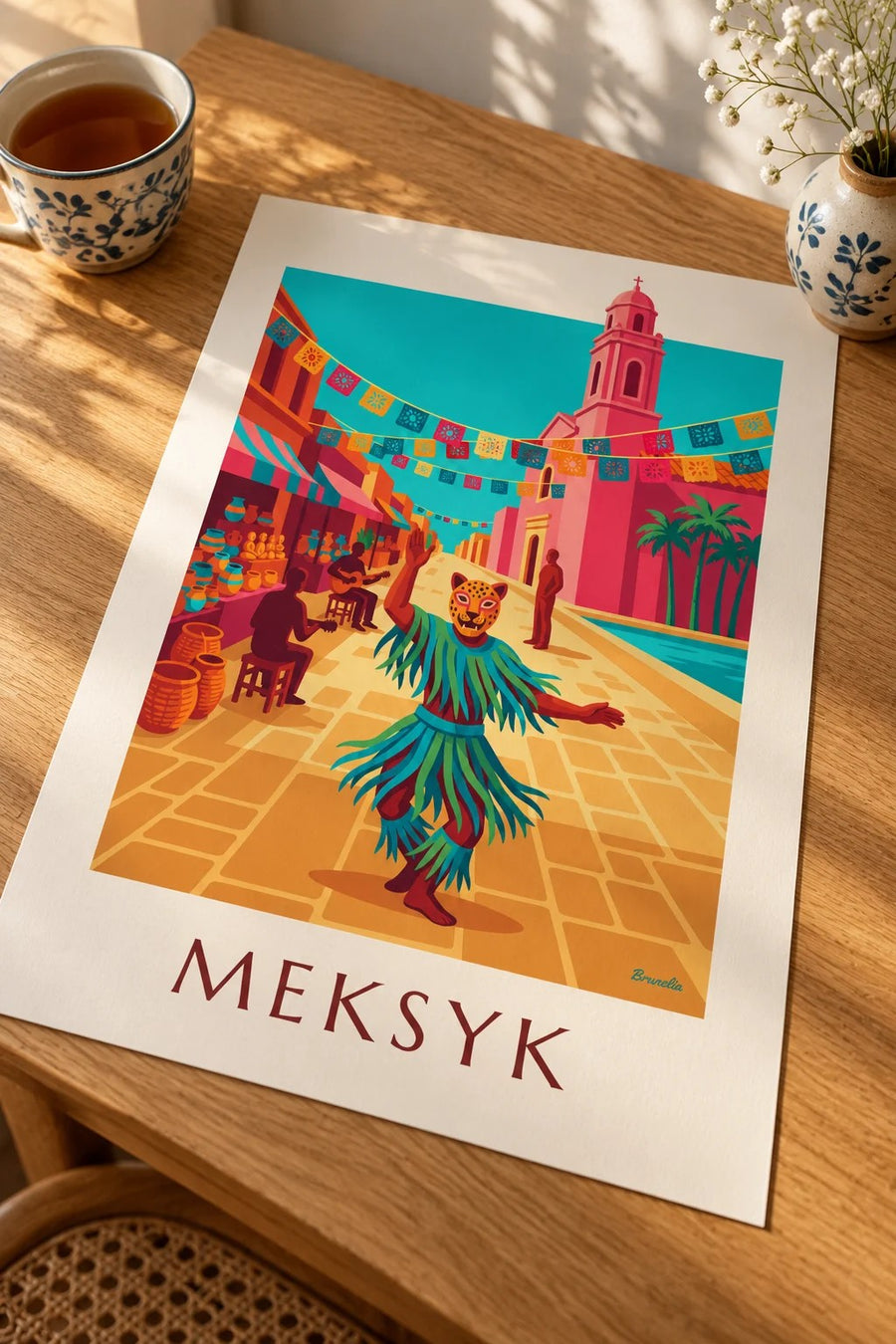 Plakat tancerz w masce jaguara na placu w Meksyku: na stole