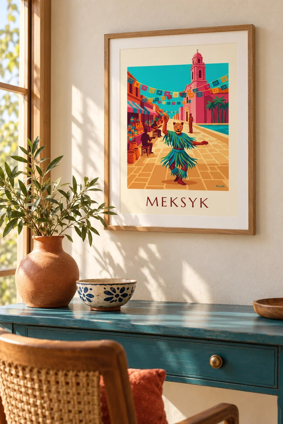 Plakat tancerz w masce jaguara na placu w Meksyku: mały format A4 w ramce