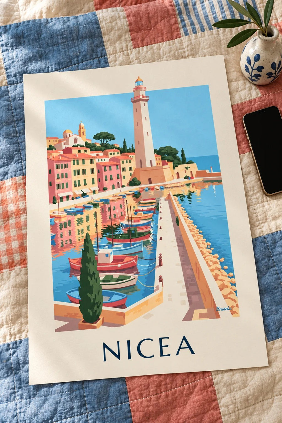 Plakat port Lympia w Nicei i jego łodzie: leżący na stole