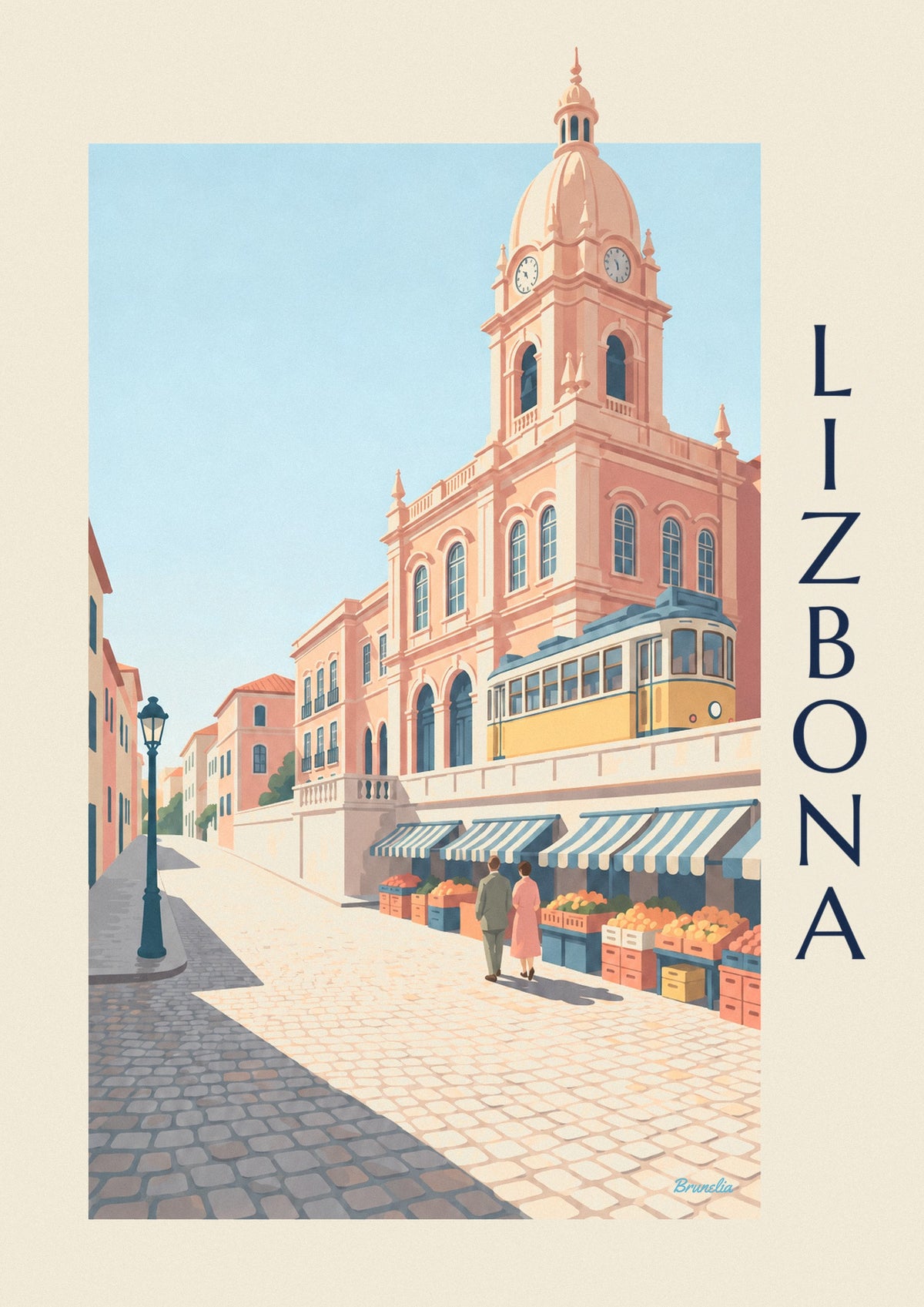 Plakat targ Ribeira w Lizbonie i żółty tramwaj